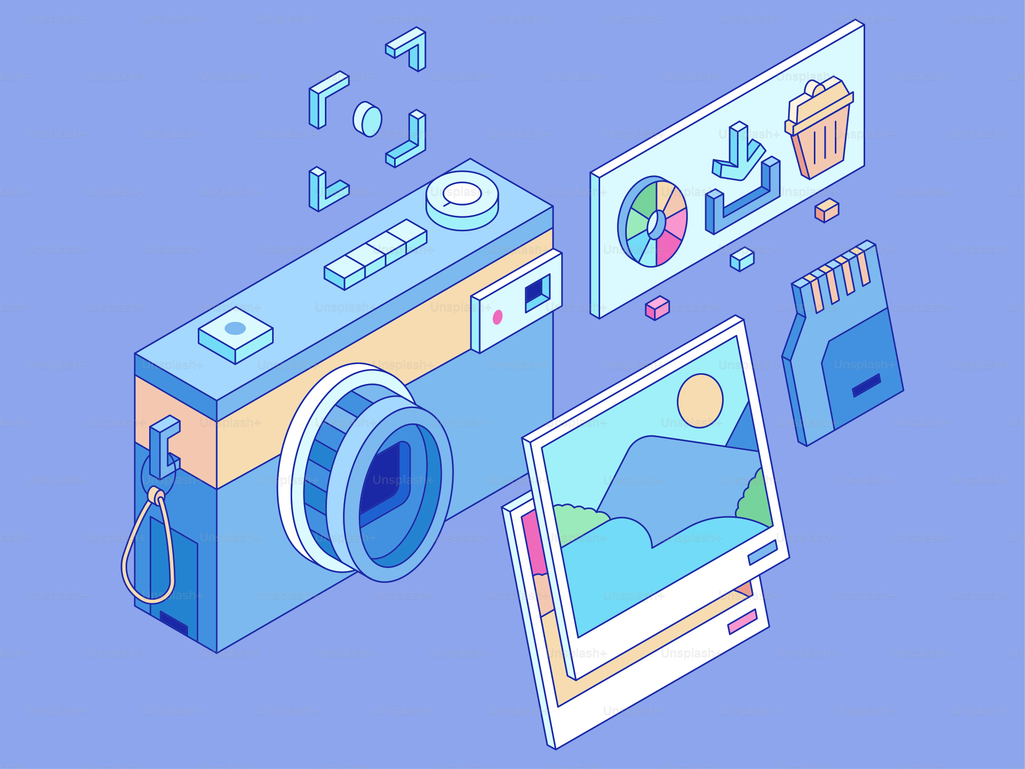 Camera with photos, memory card, and editing icons.