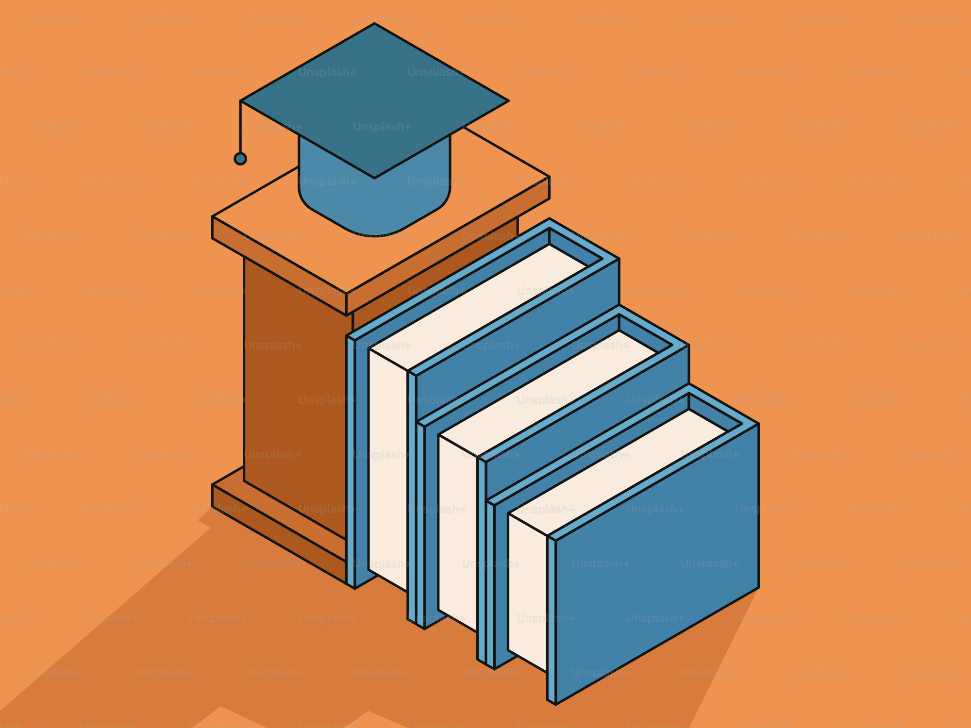Graduation cap on podium with stacked books