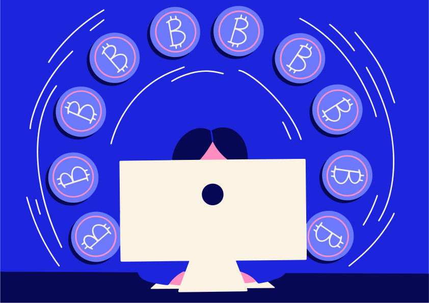 Pessoa atrás do computador com bitcoins circulando