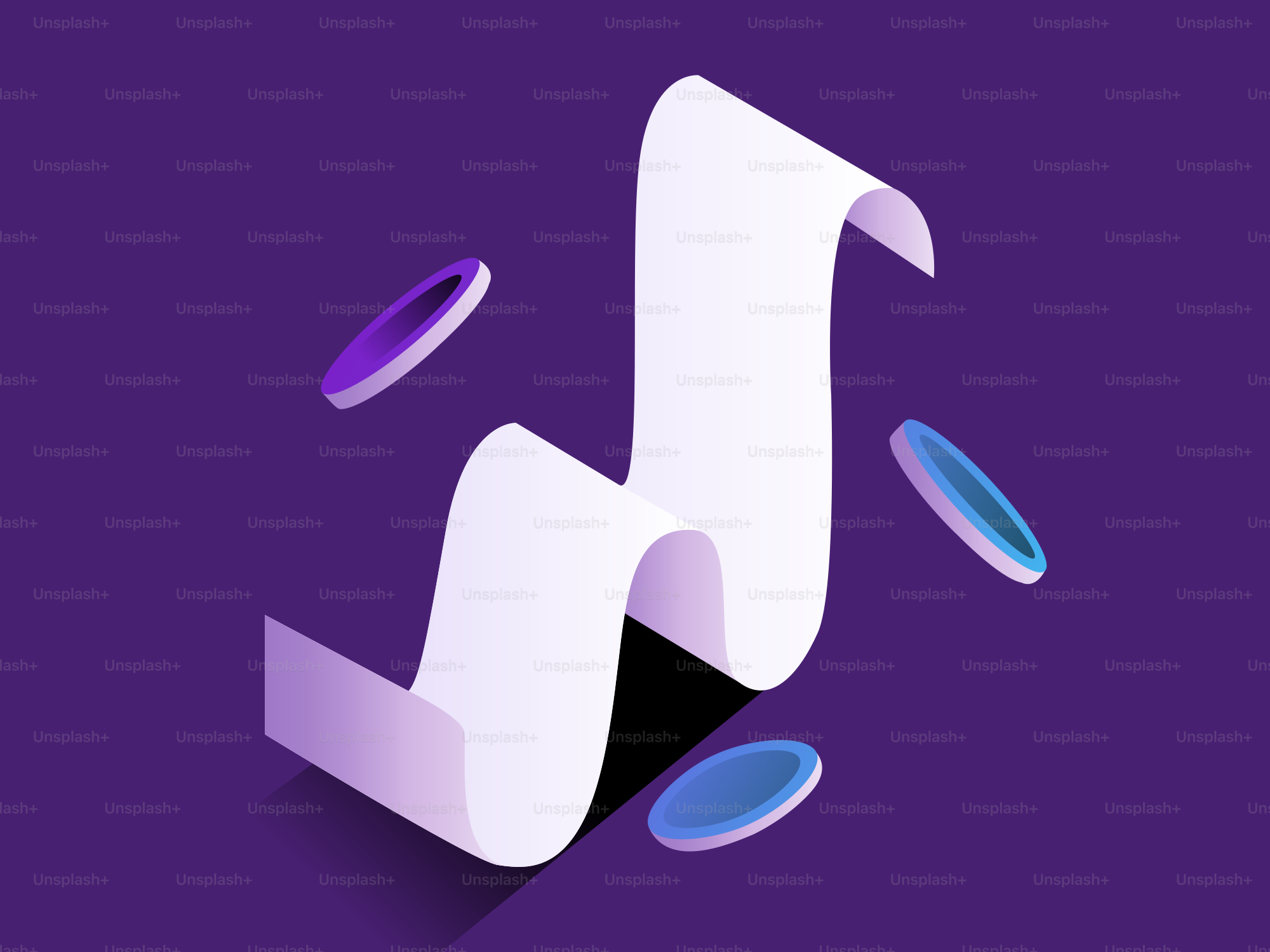 Un parchemin blanc avec des accents violets et des ellipses.