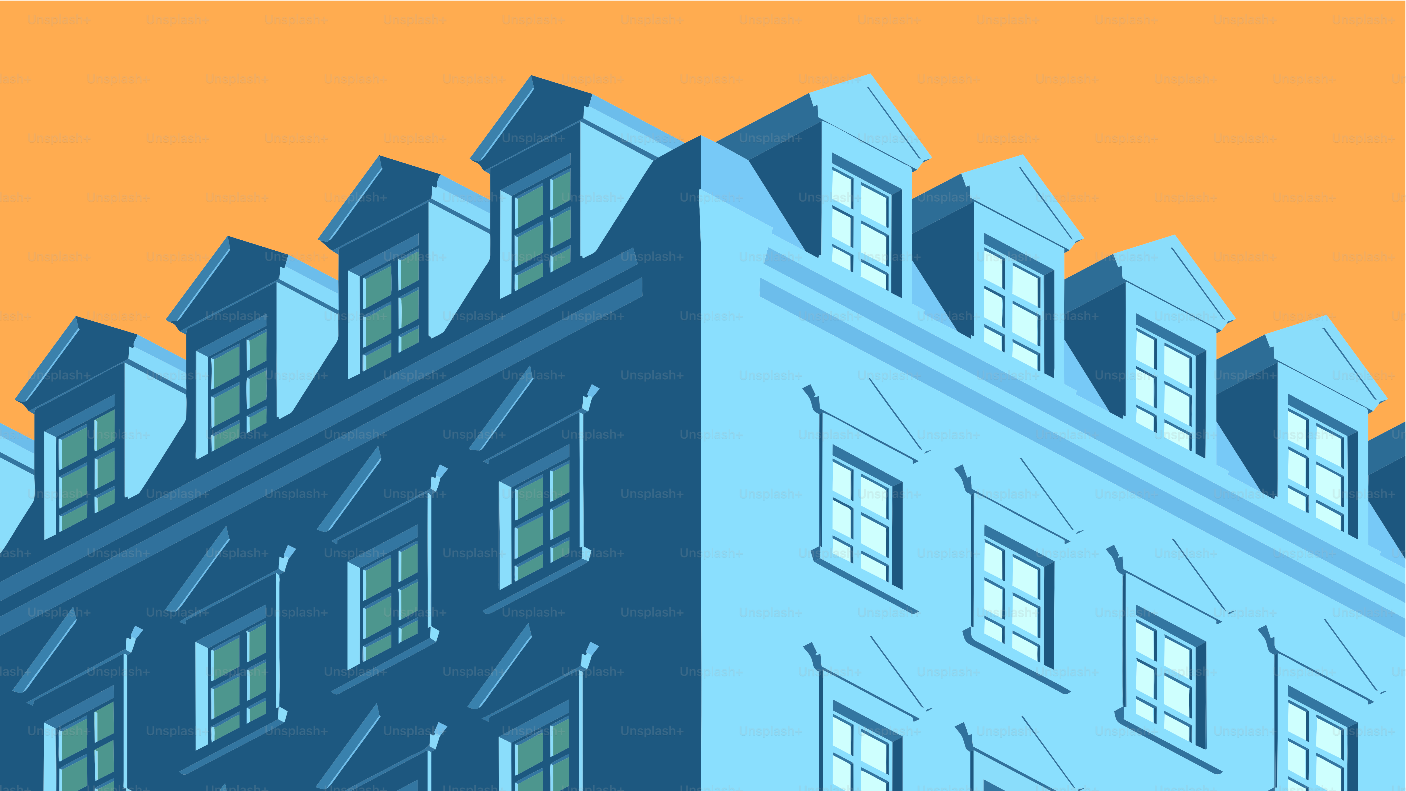 Two blue buildings against an orange sky