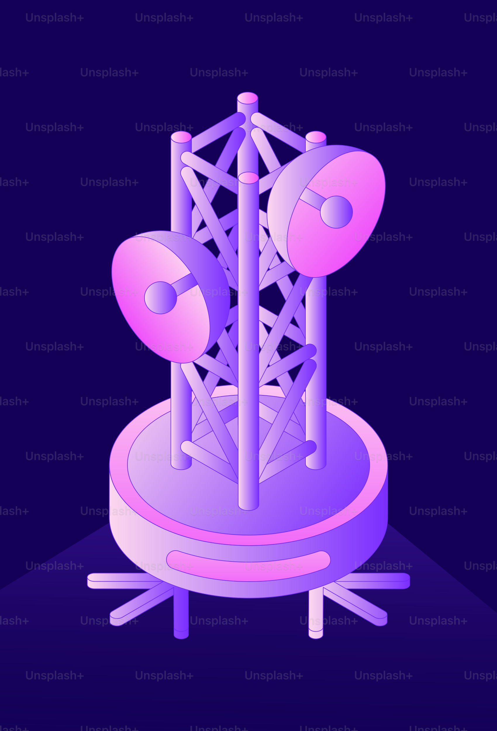 A futuristic communication tower with satellite dishes.