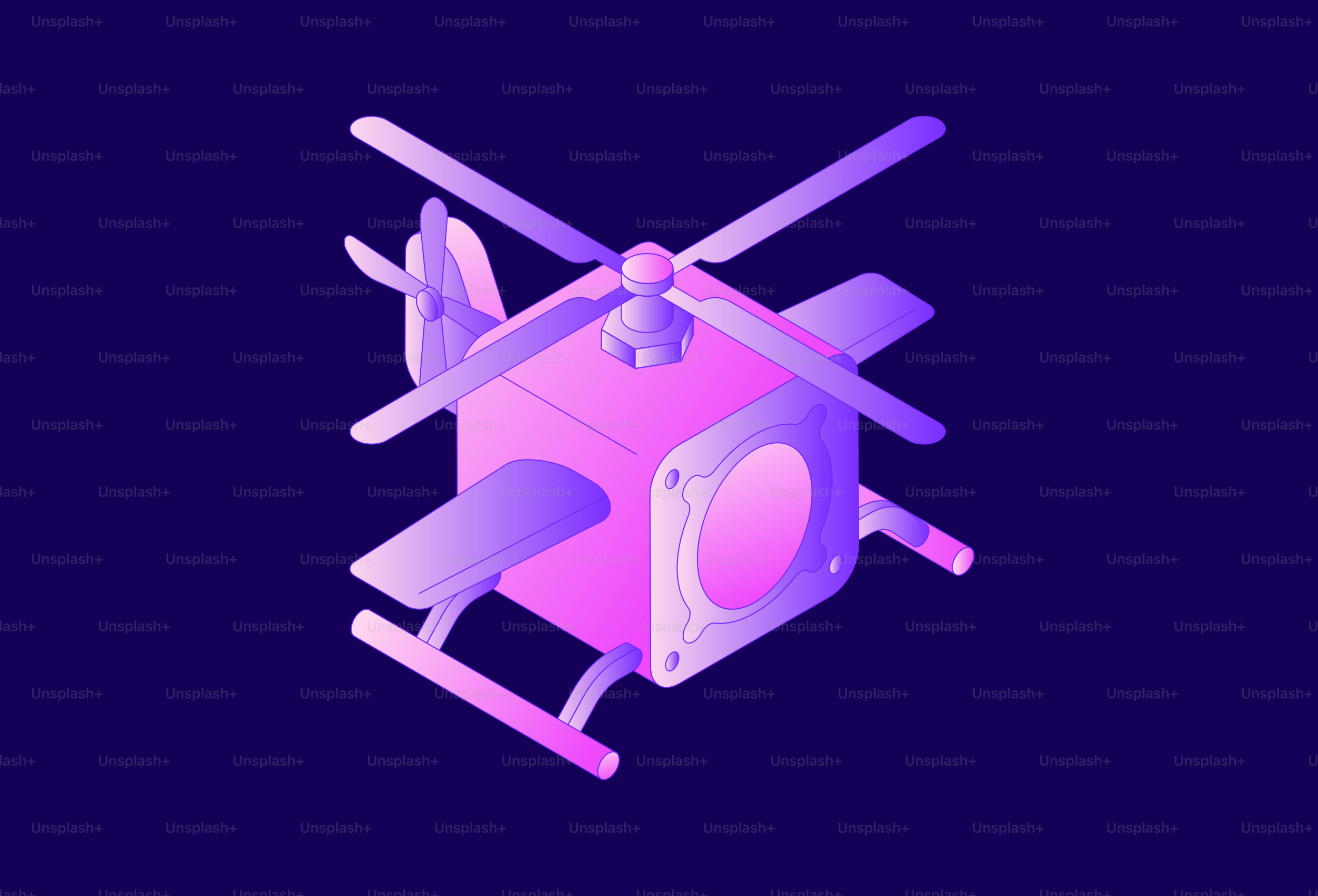 Un hélicoptère isométrique stylisé avec un dégradé de violet et de rose.