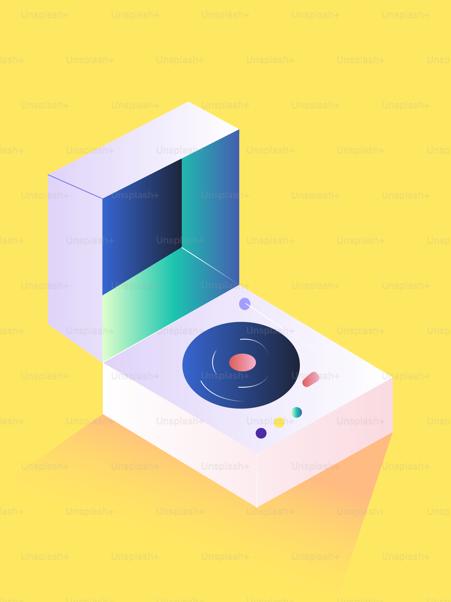 Isometric view of a vintage record player on yellow background