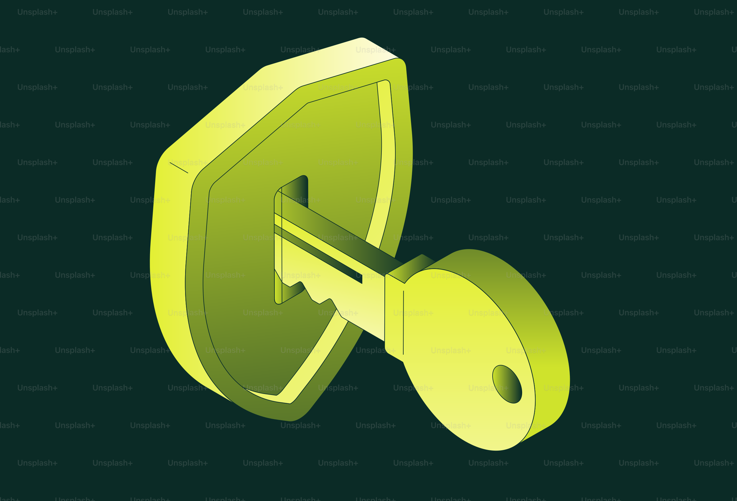 A yellow key inserted into a shield