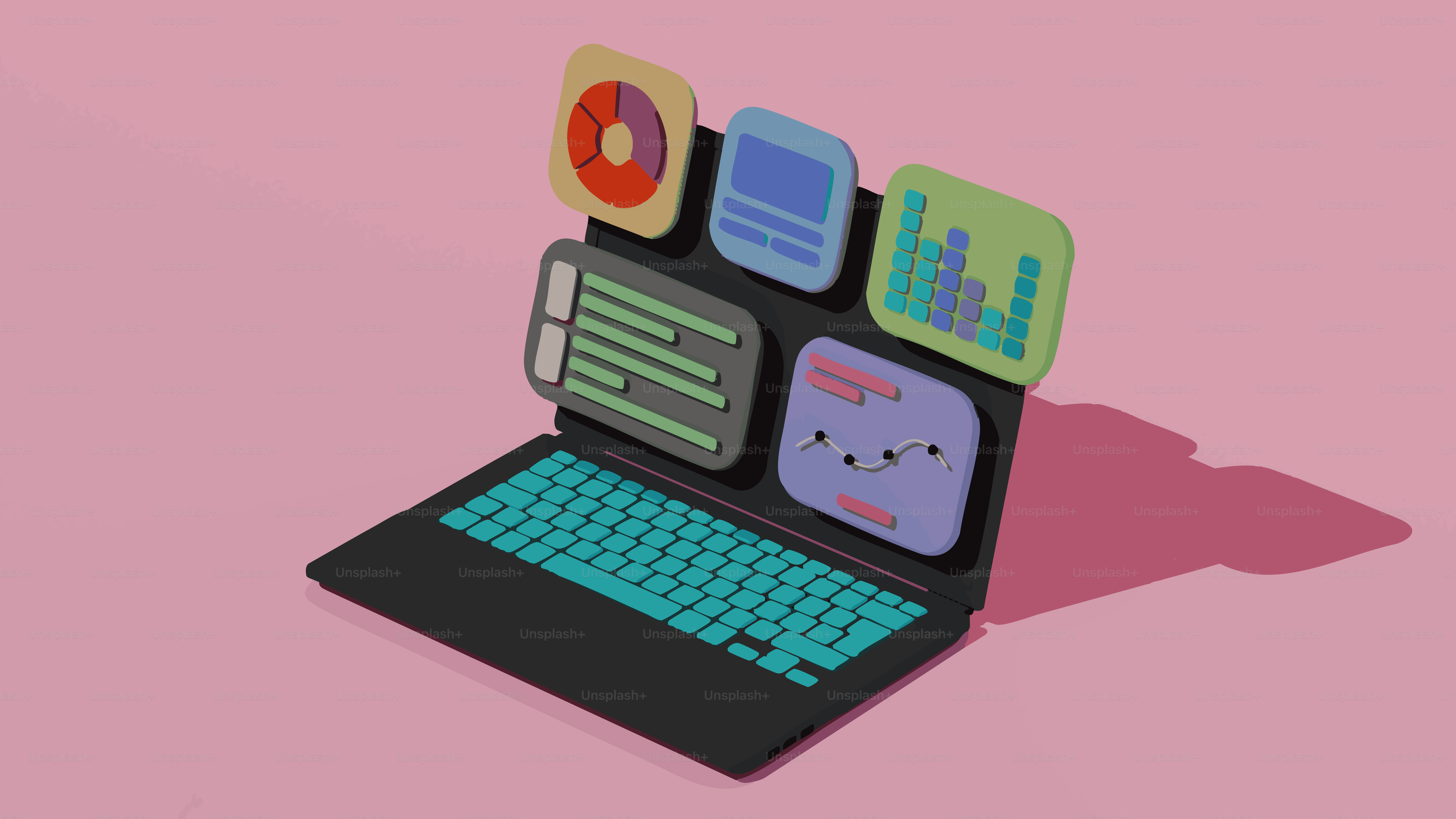 ノートパソコンで様々なデータチャートやグラフが表示されています。