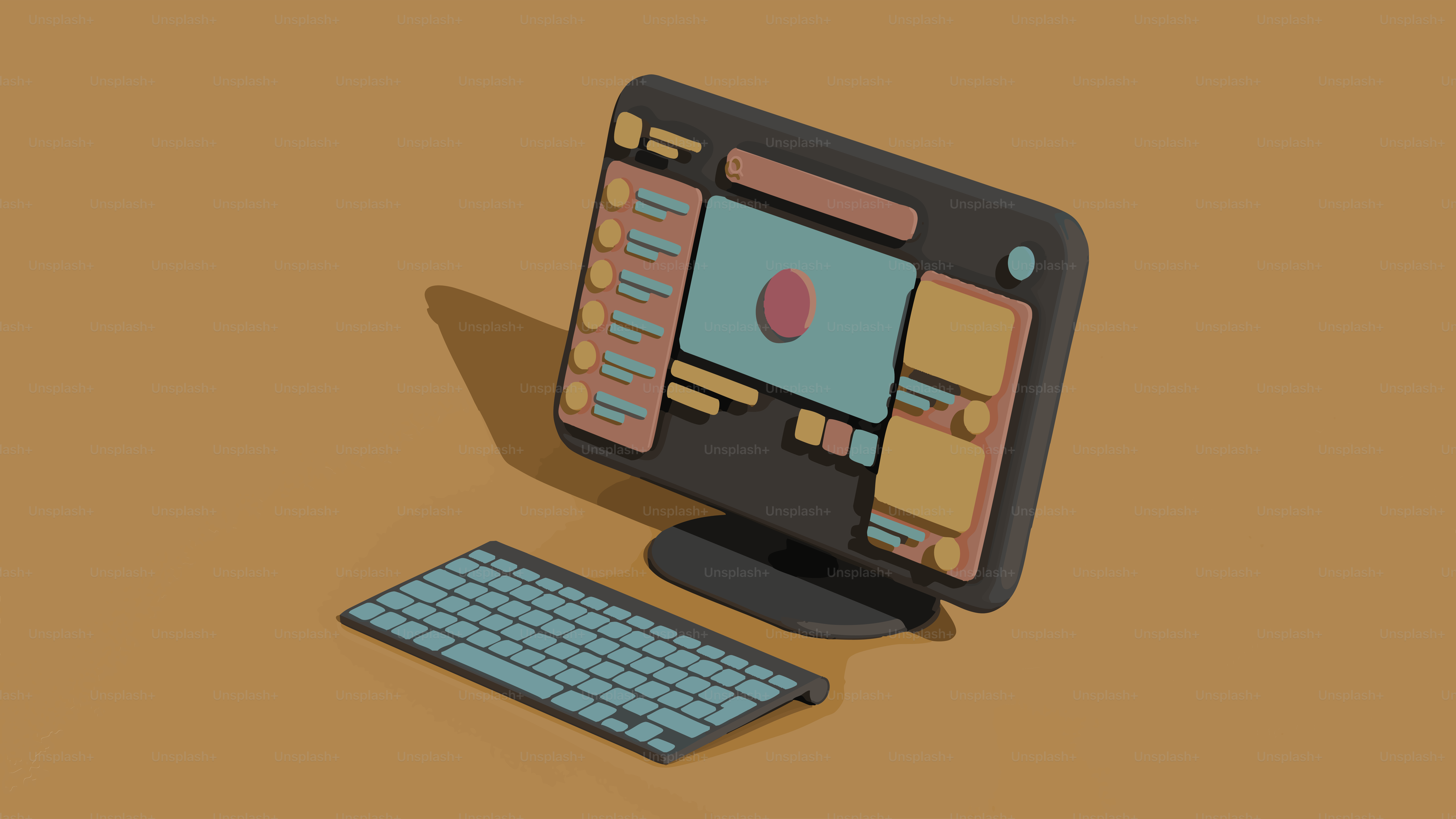 キーボード付きのスタイライズされたコンピュータモニター。