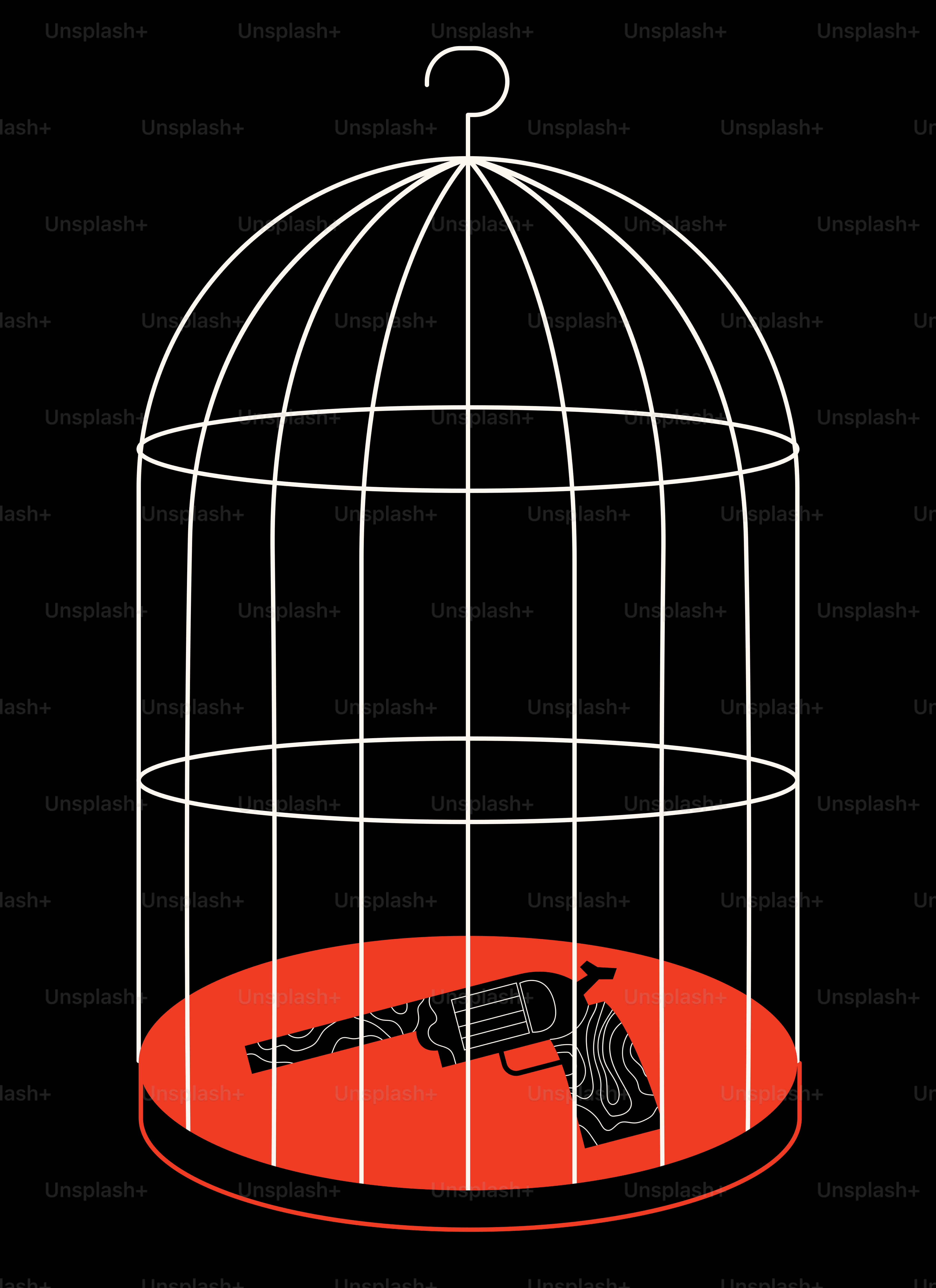 A gun inside a birdcage on a red platform.