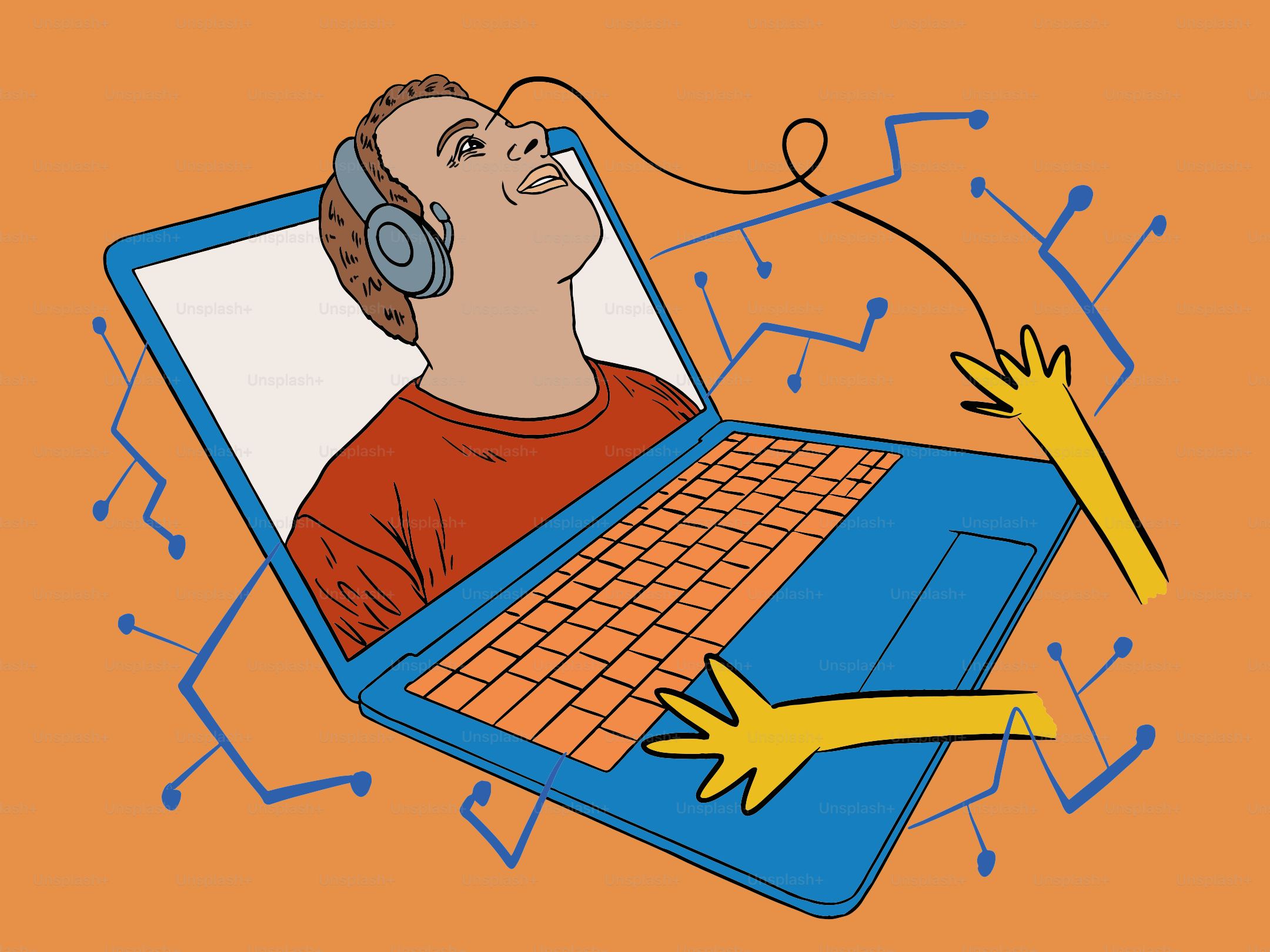 Homme avec un casque écoutant de la musique sur un ordinateur portable