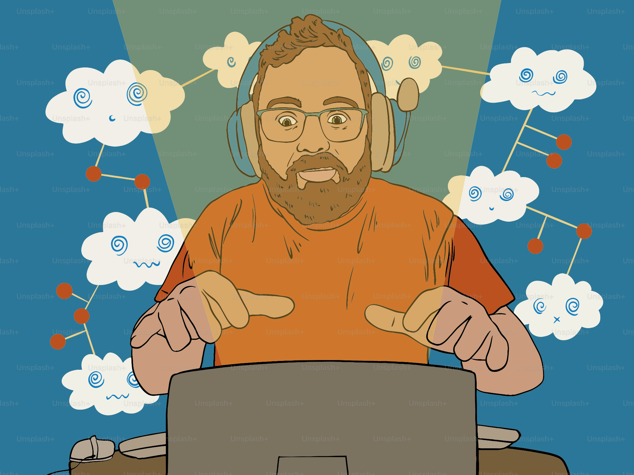 Man wearing headphones works on laptop surrounded by clouds.