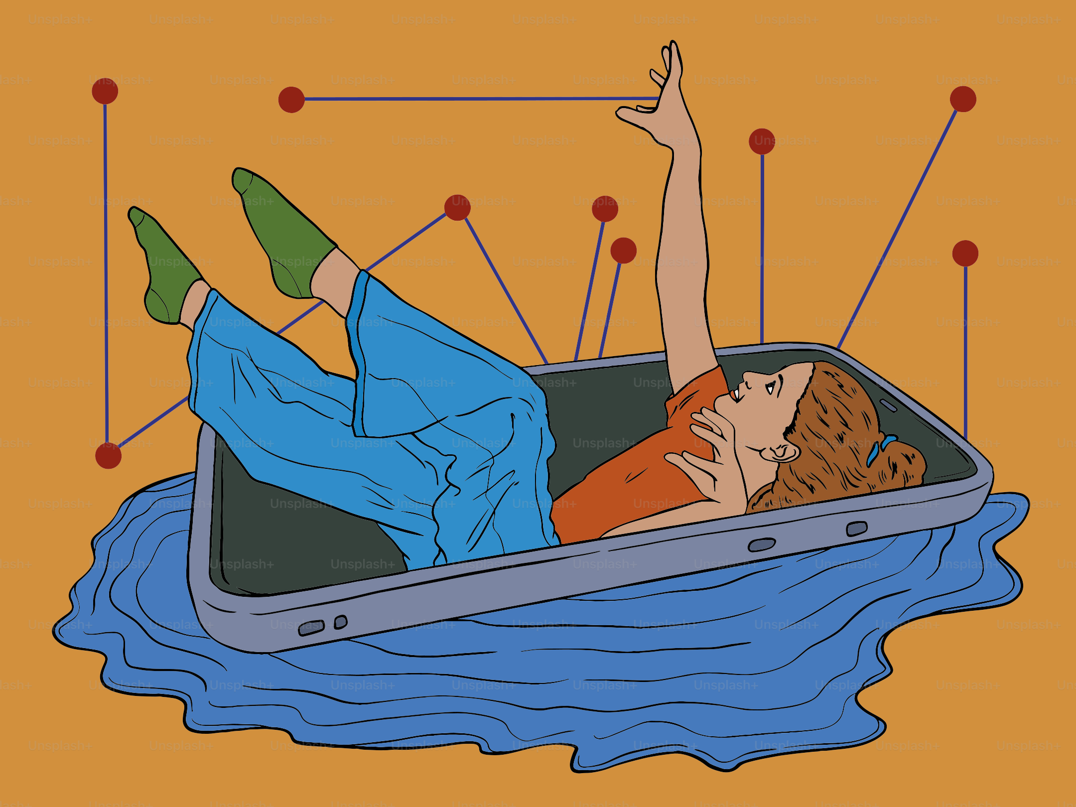 Donna che annega nello schermo di uno smartphone