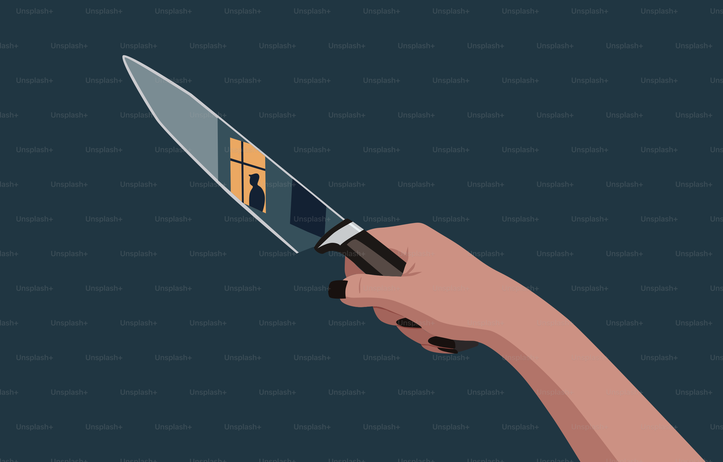 Hand hält ein Messer und spiegelt eine Person im Fenster wider