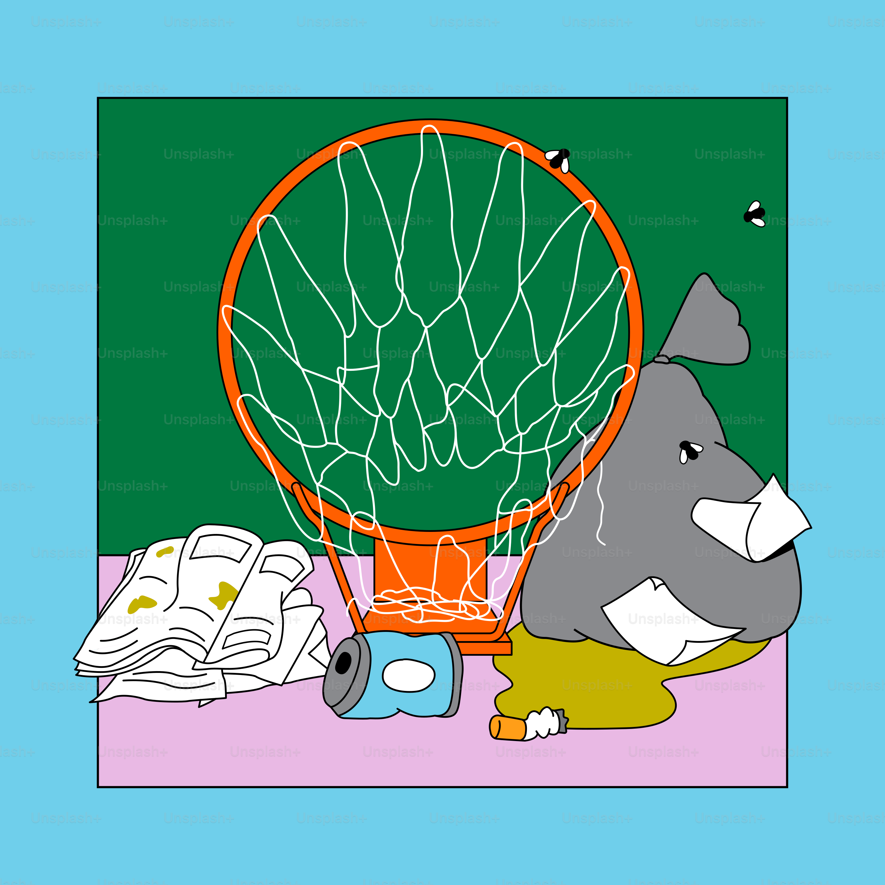 Trash bag and can near basketball hoop