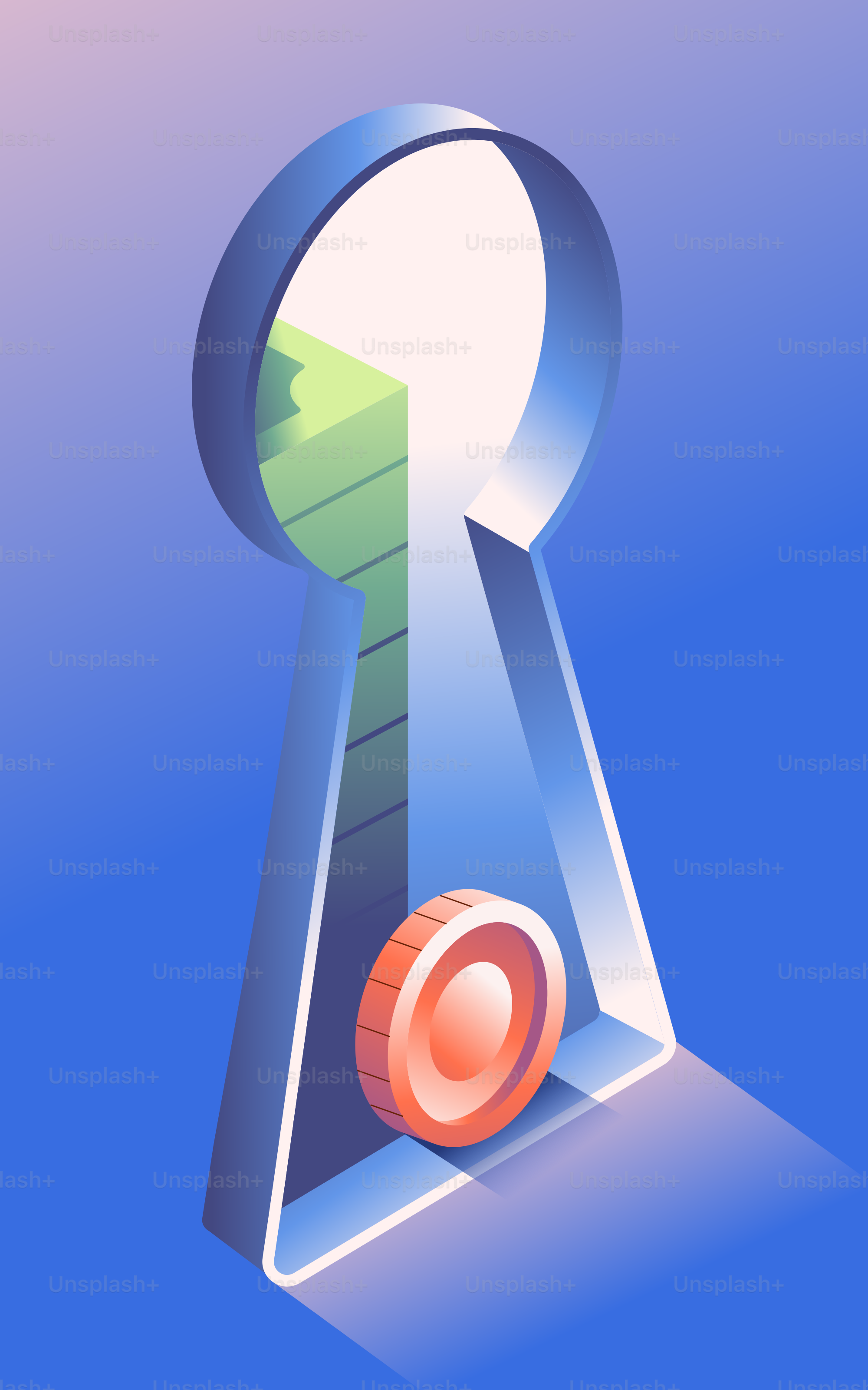 Keyhole view of stairs and a coin