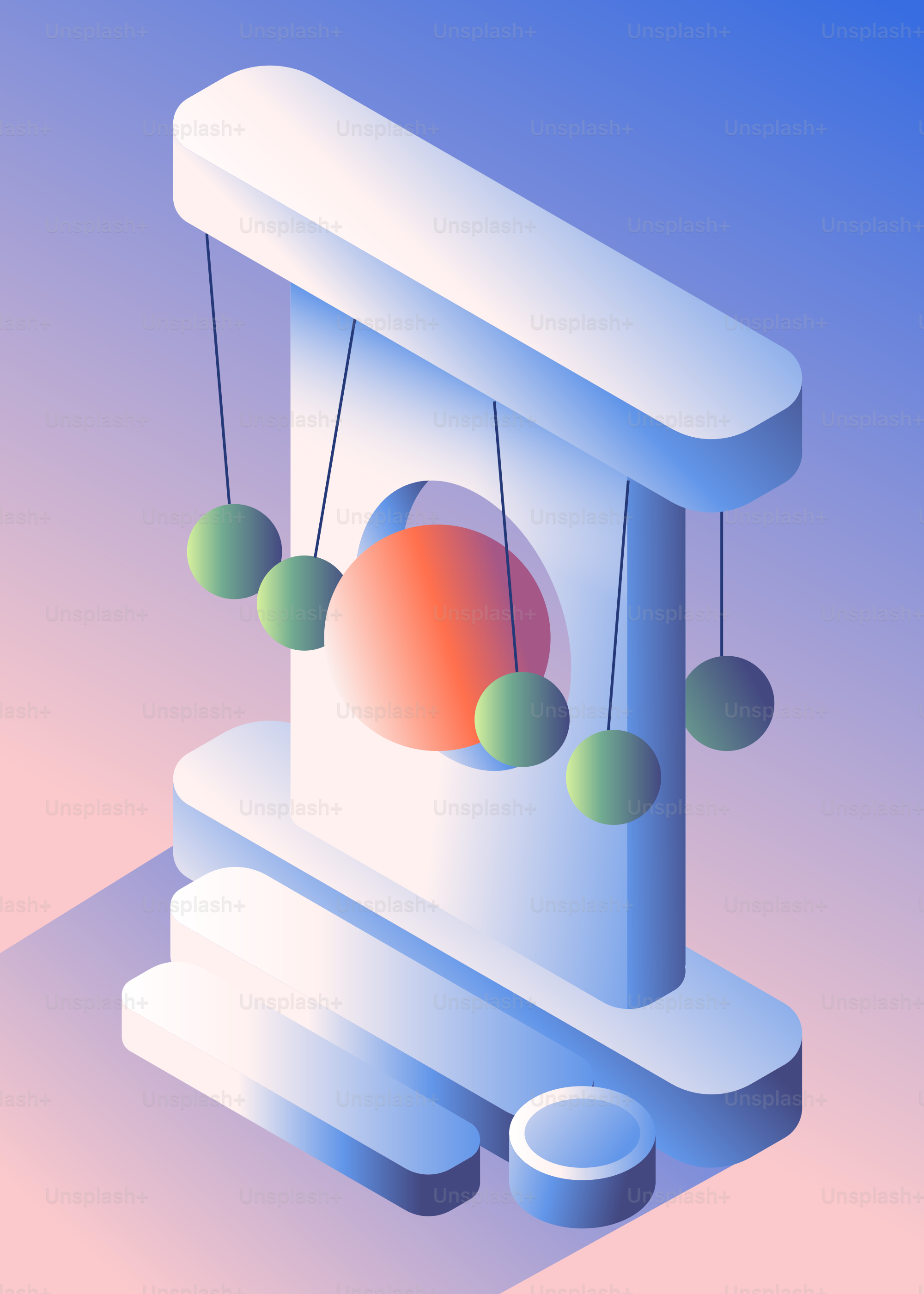 Newtons Wiege mit orangefarbener Kugel in der Mitte