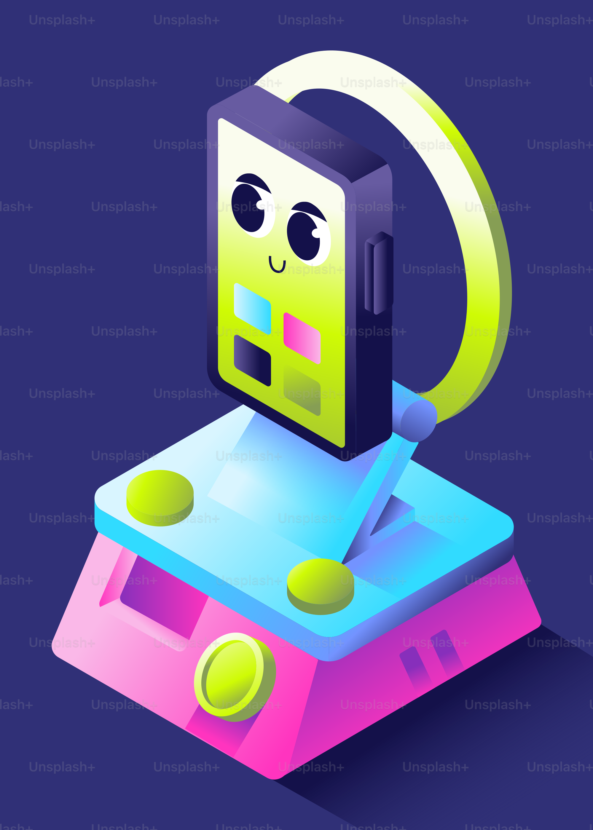 Uno smartphone da cartone animato su un colorato dispositivo futuristico.