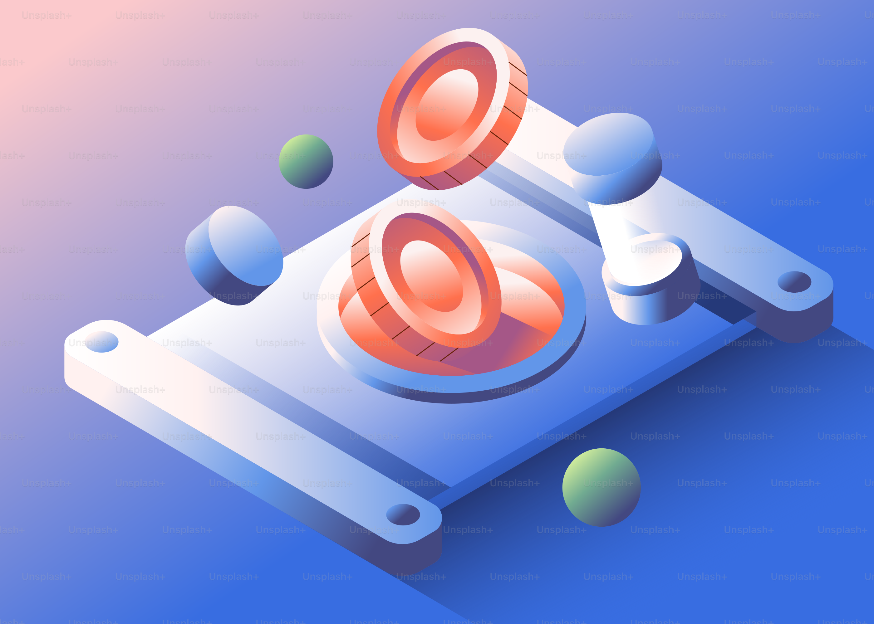 Monedas abstractas y esferas en una plataforma futurista