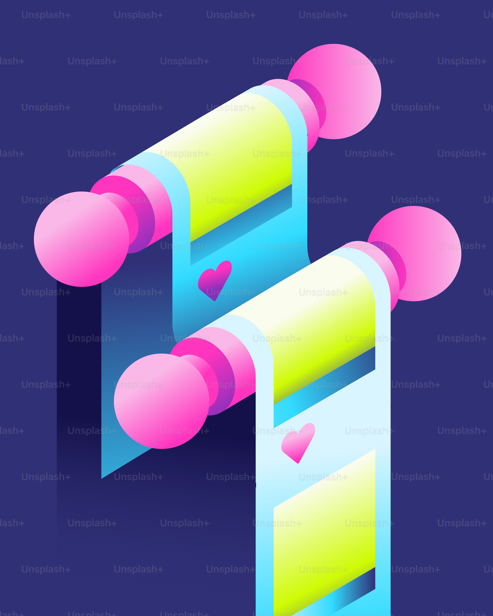 Deux parchemins abstraits avec des sphères roses et des cœurs