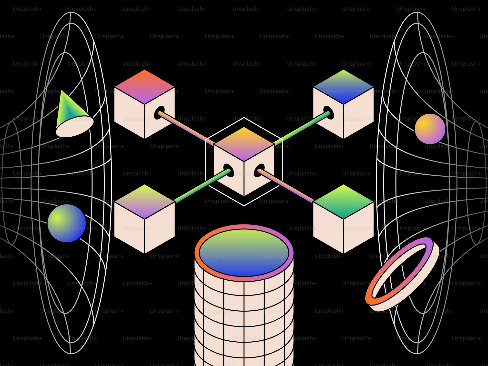 Rede abstrata de cubos coloridos e formas geométricas
