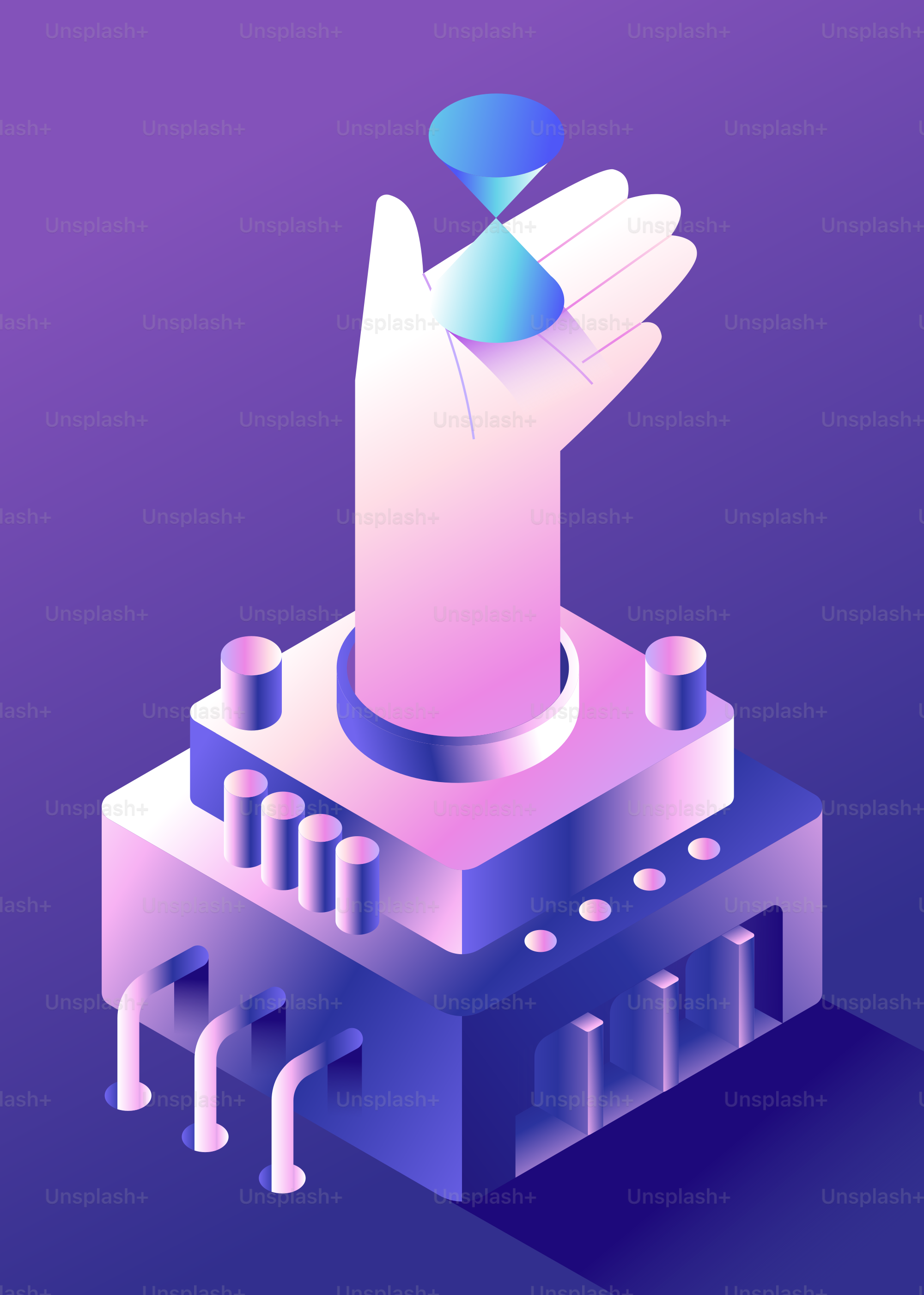 Hand holding hourglass over abstract machine