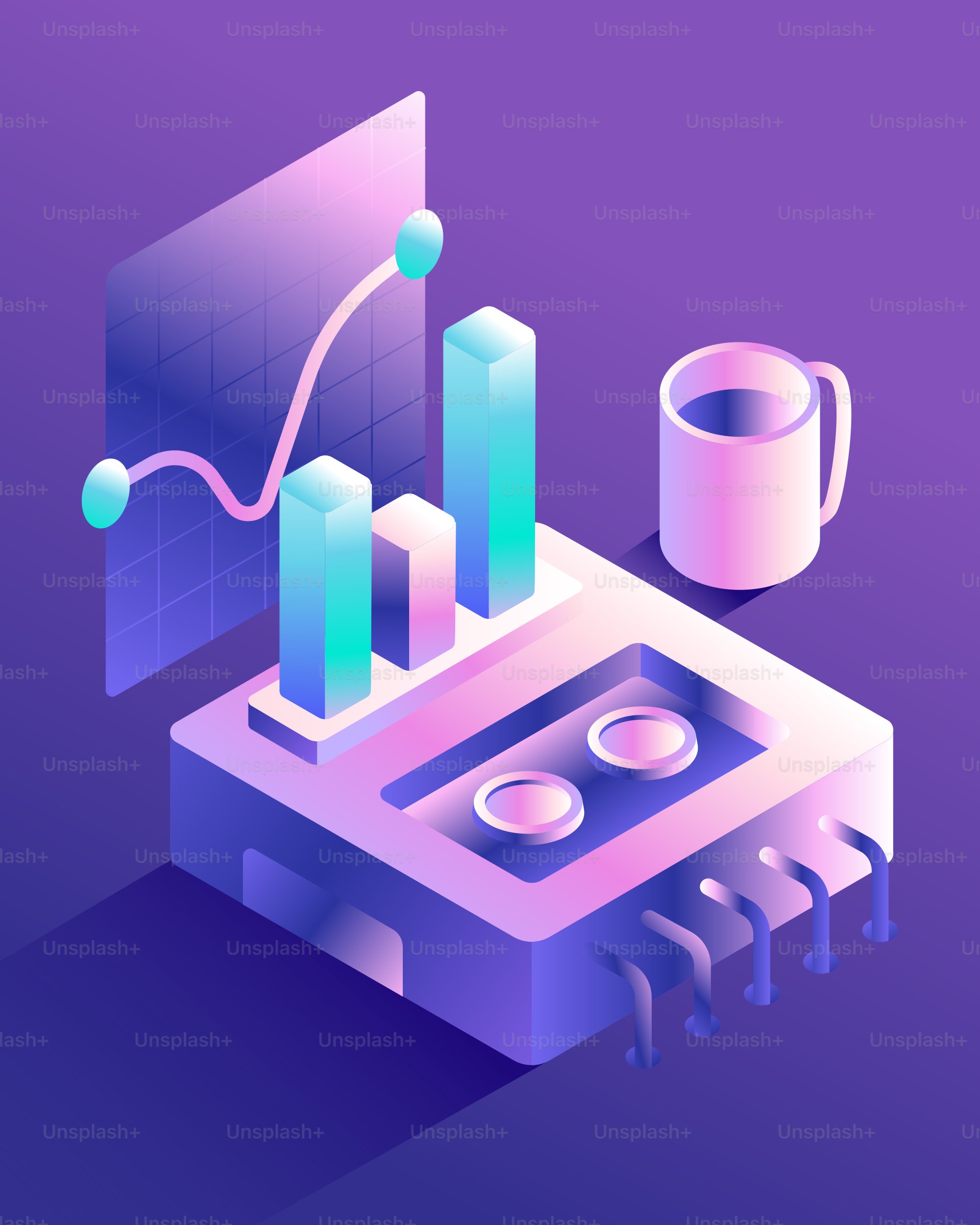 Isometric data visualization with chart and coffee cup