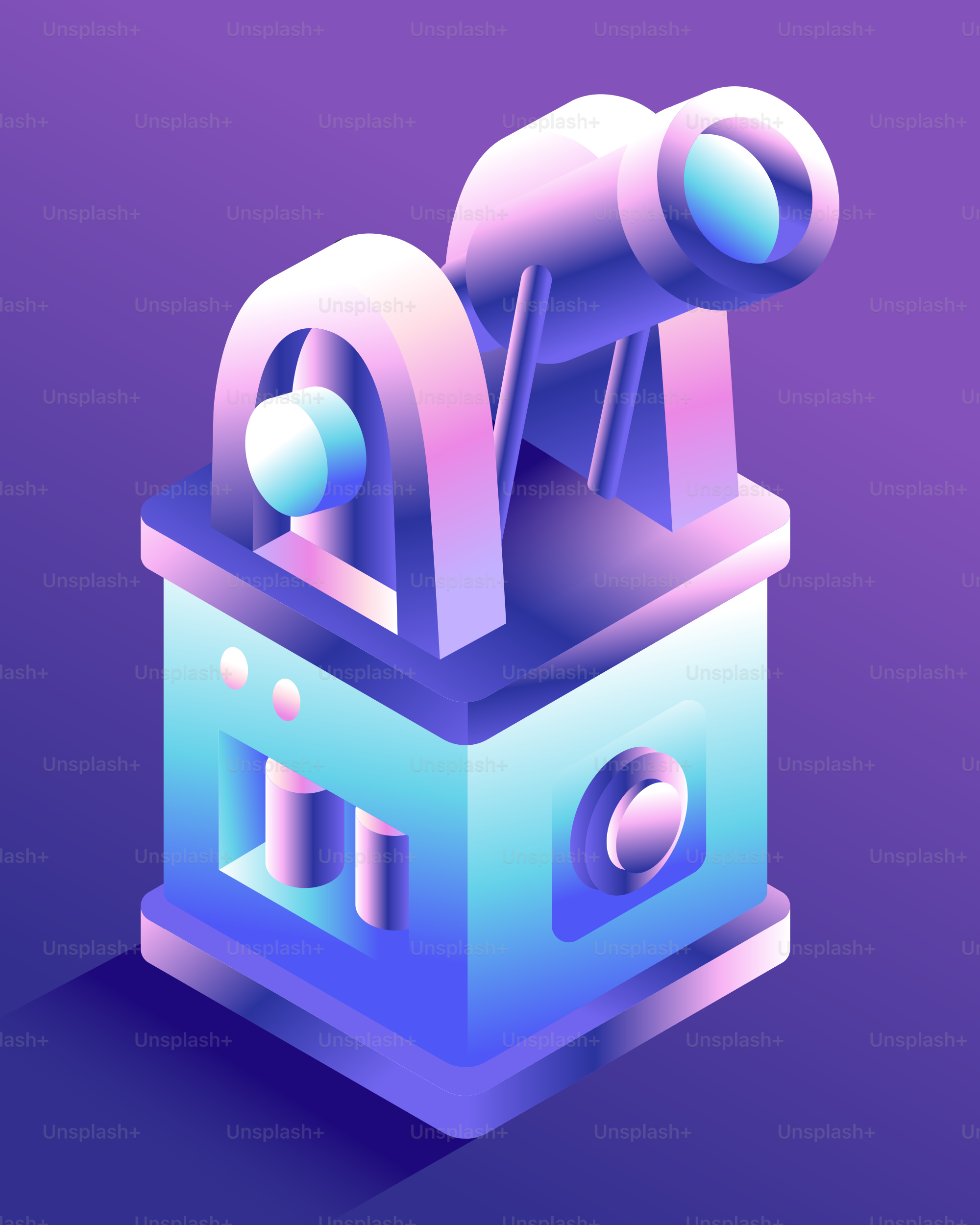 Stylized telescope on a pedestal against a purple background