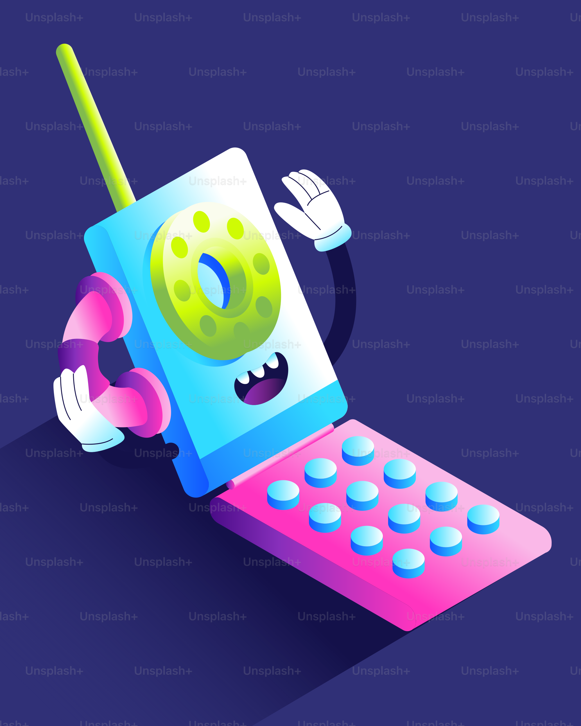 A cartoon flip phone waving hello with a smile