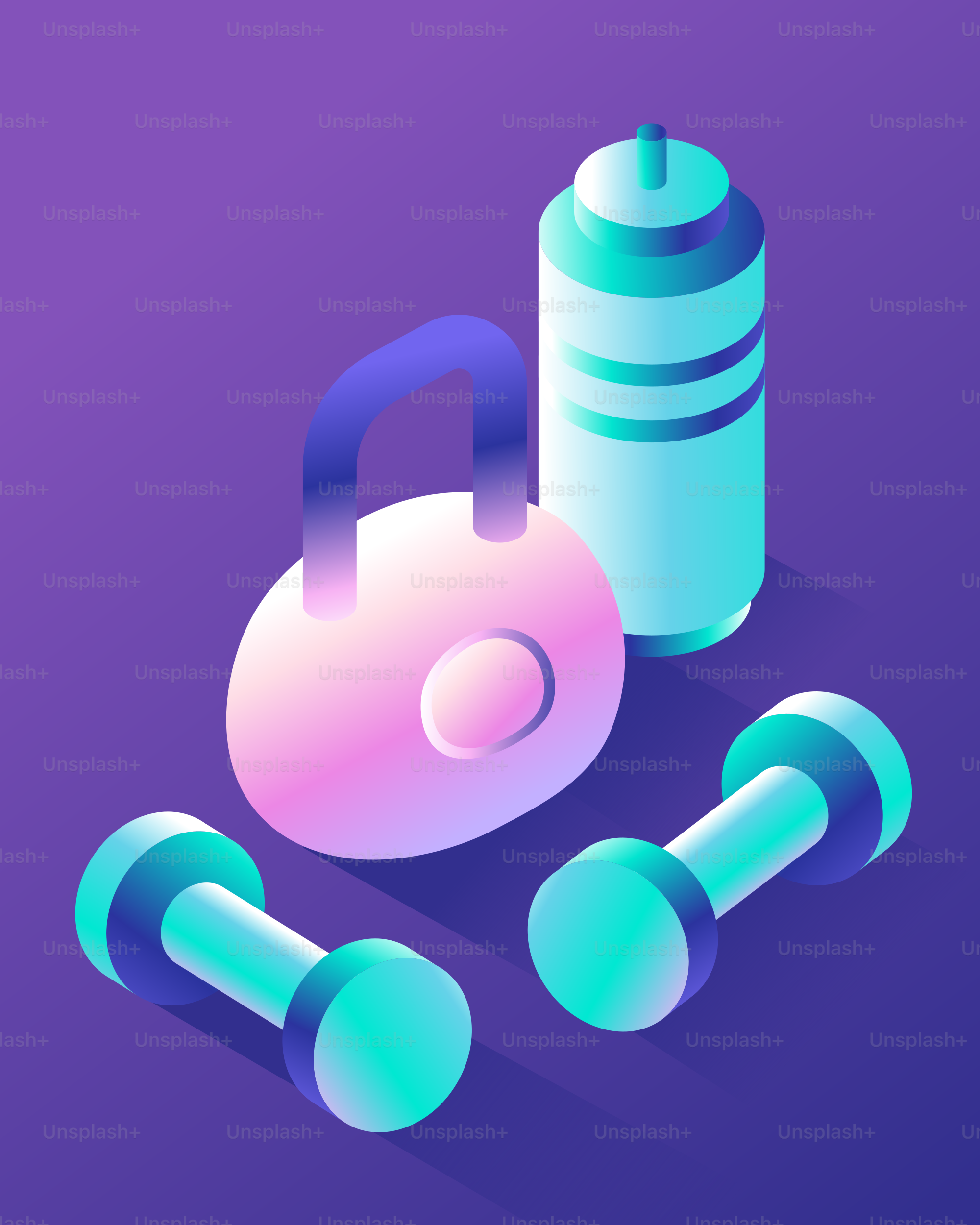 Kettlebell, dumbbells, and water bottle for workout