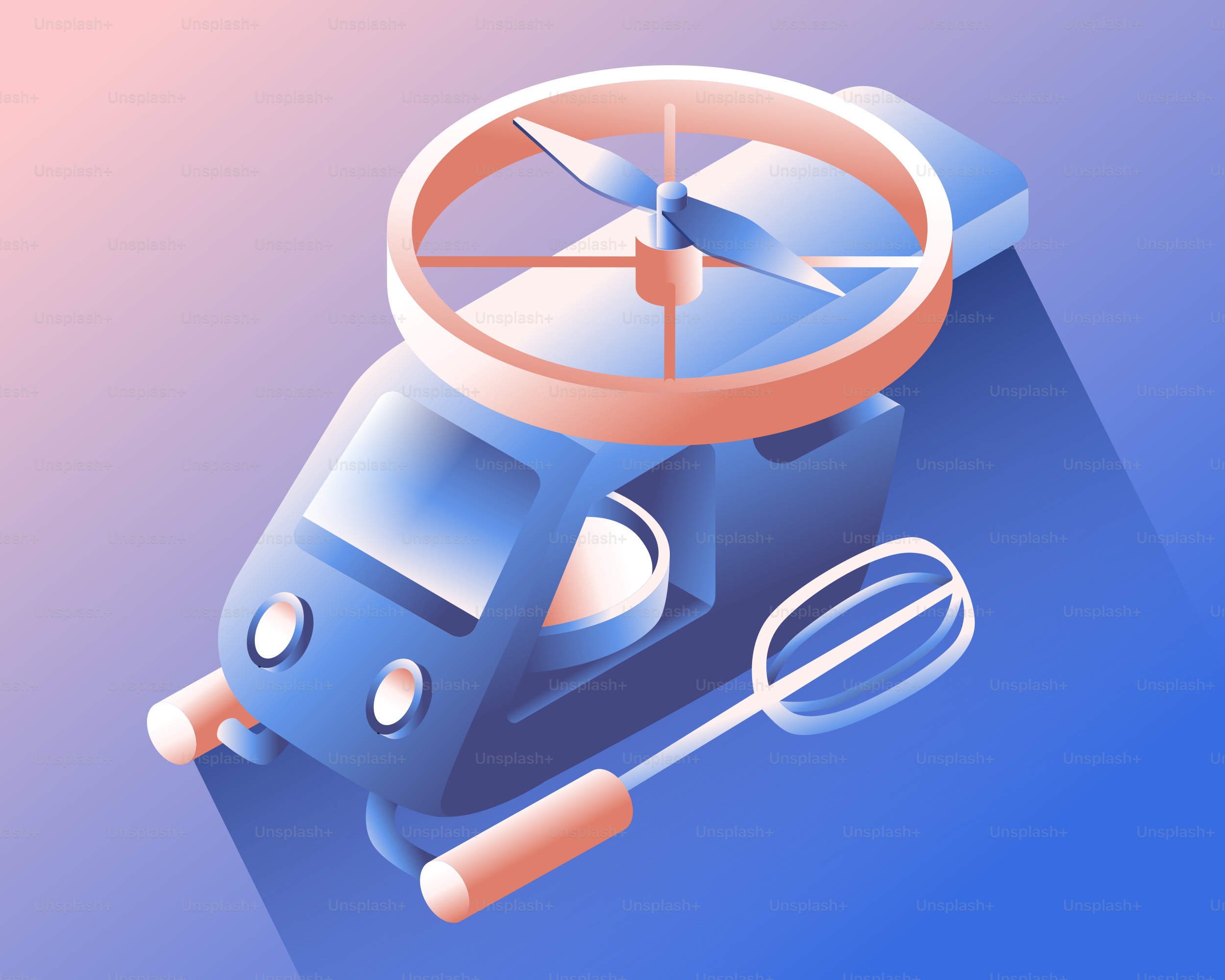 A blue toy helicopter with a whisk attachment