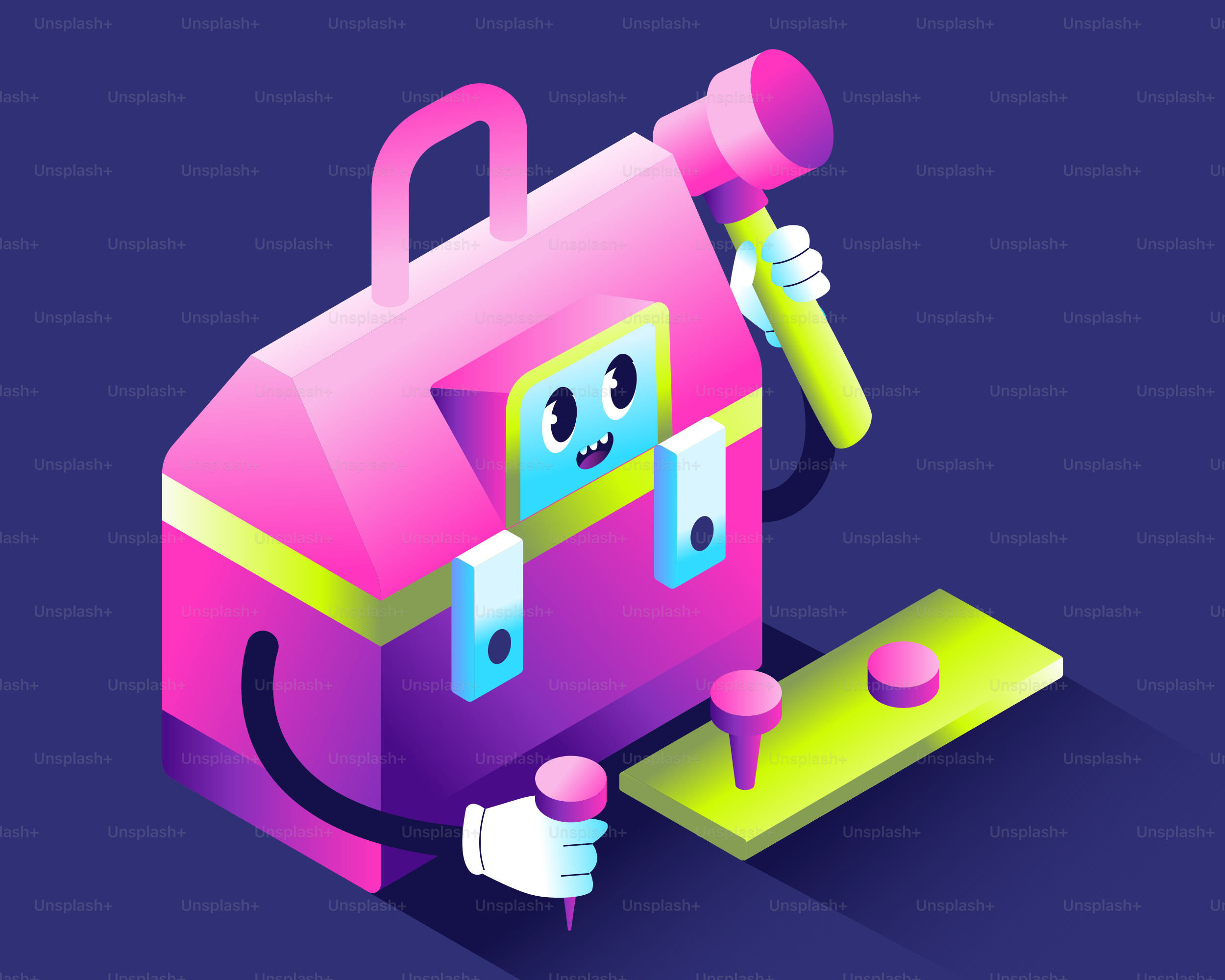 Cartoon toolbox with a face and arms holding a hammer