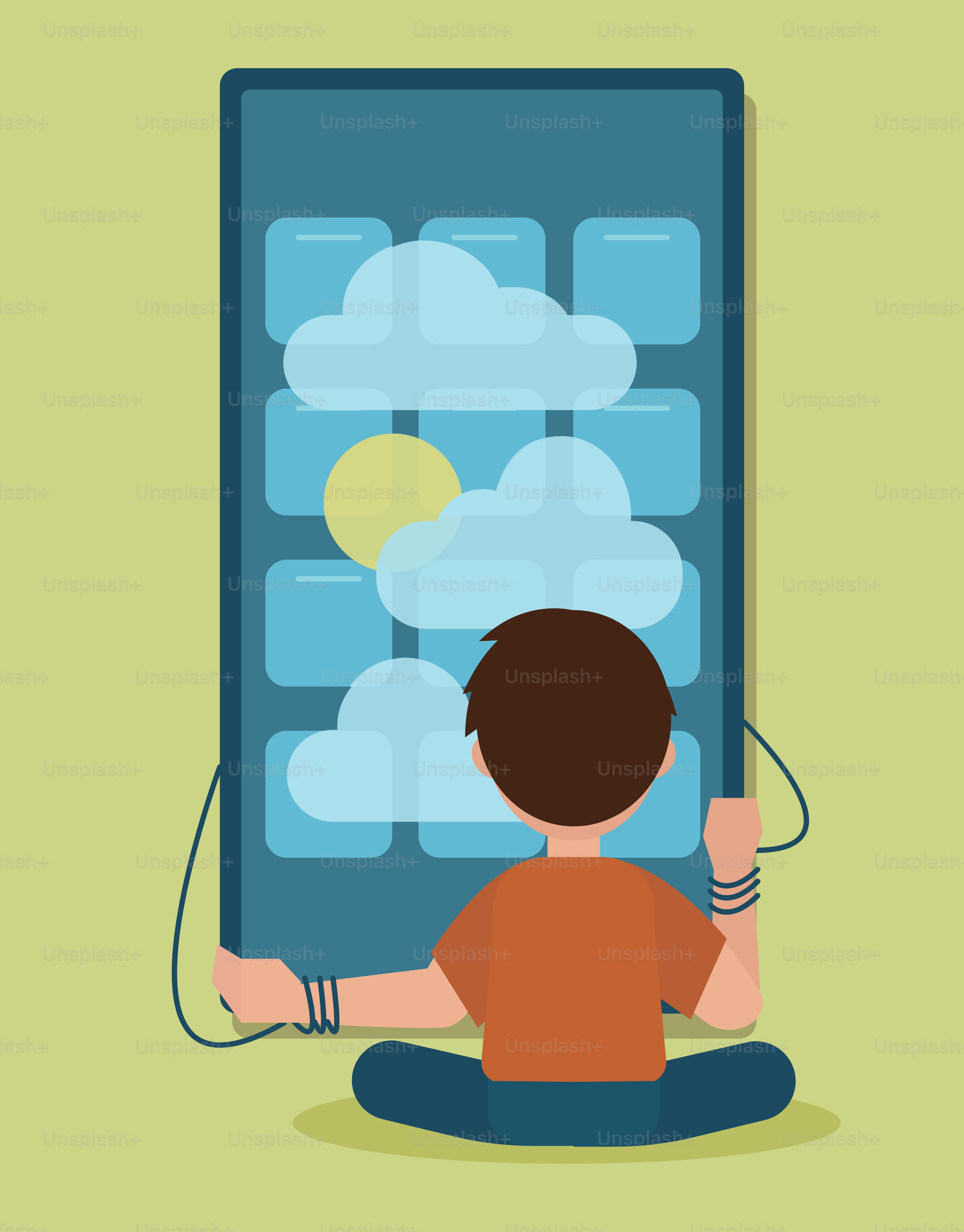 Person meditating in front of a large smartphone screen.