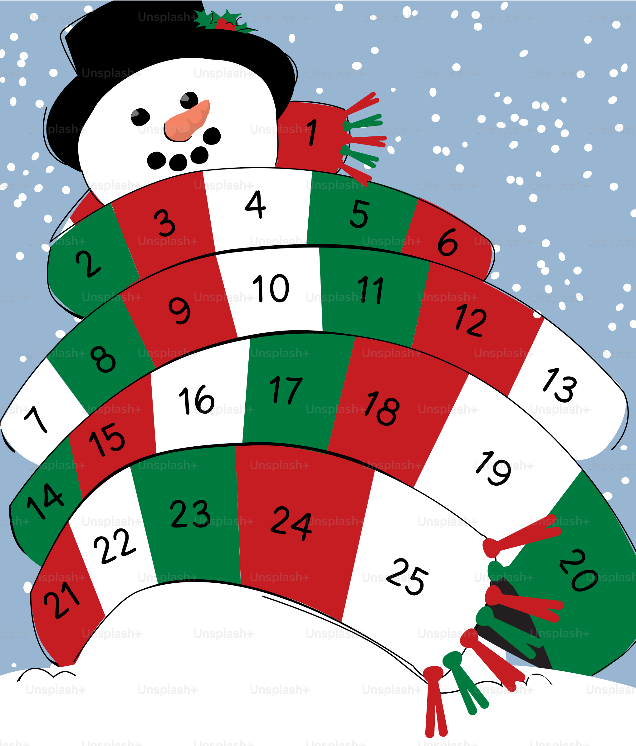 Schneemann mit nummeriertem Adventskalenderschal