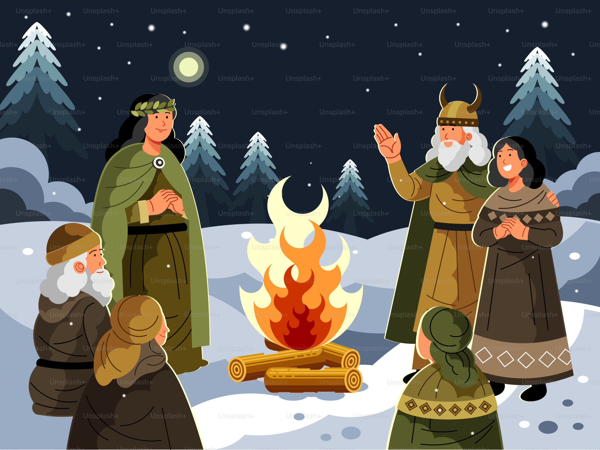 People gathered around a bonfire in a snowy forest