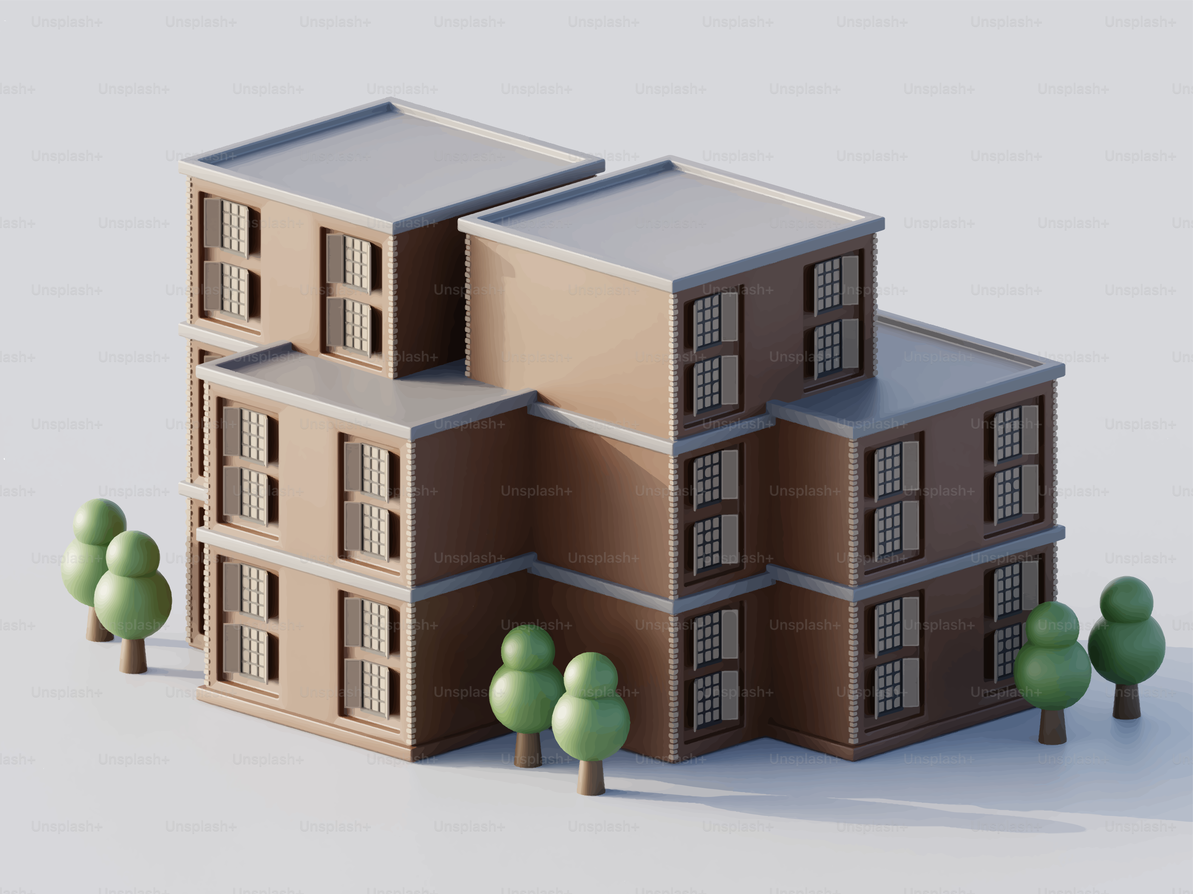 나무가 있는 현대 아파트 건물의 3D 렌더링입니다.