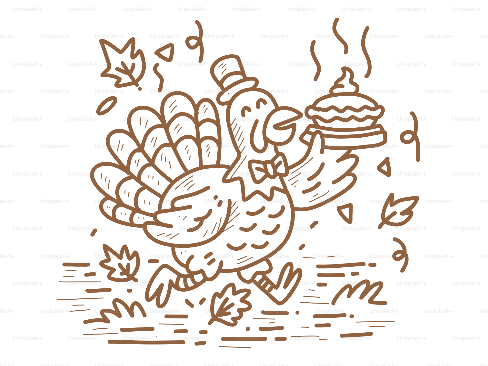 Un tacchino da cartone animato con un cappello che tiene una torta.