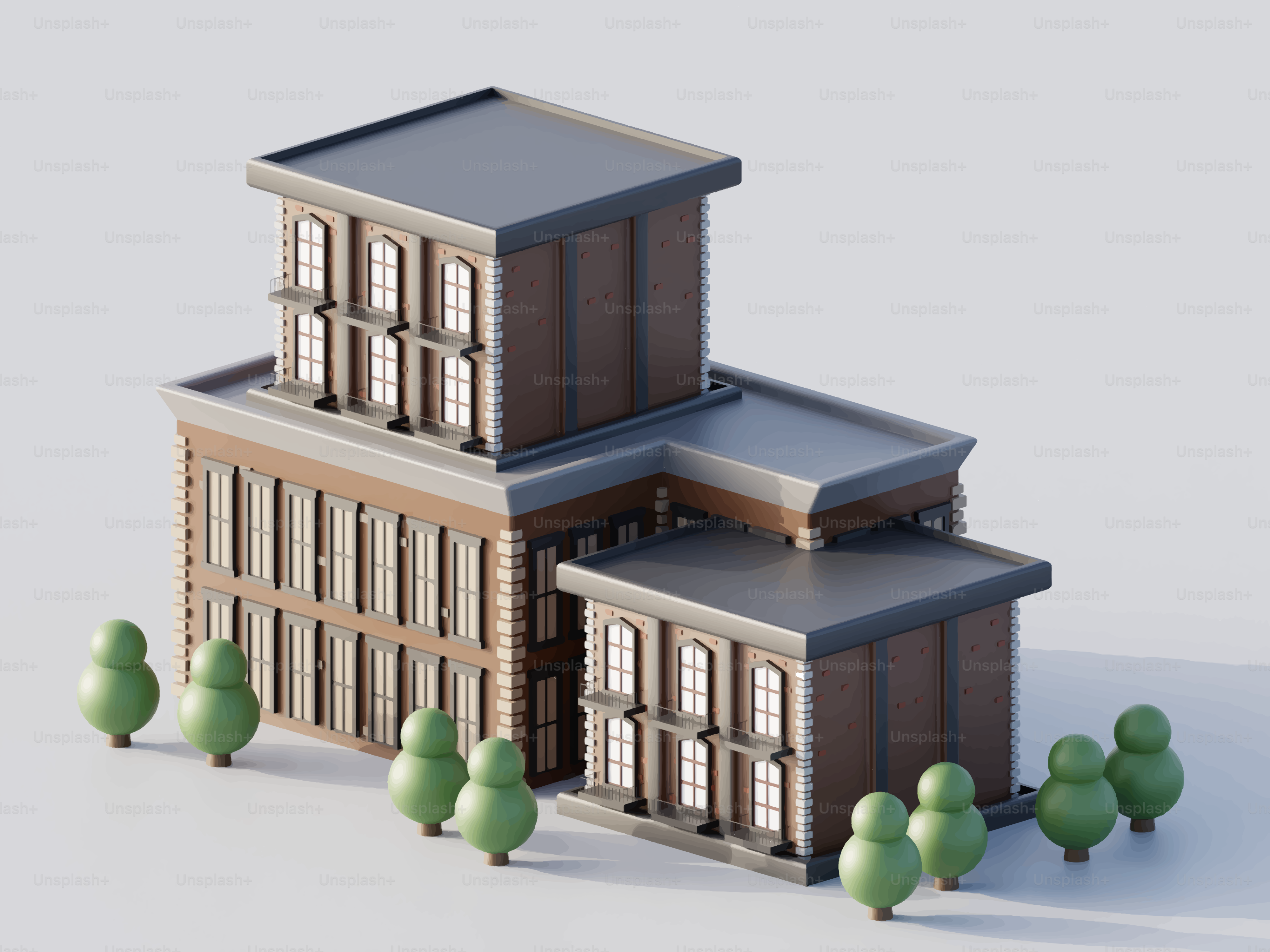 A stylized building with trees on a white background