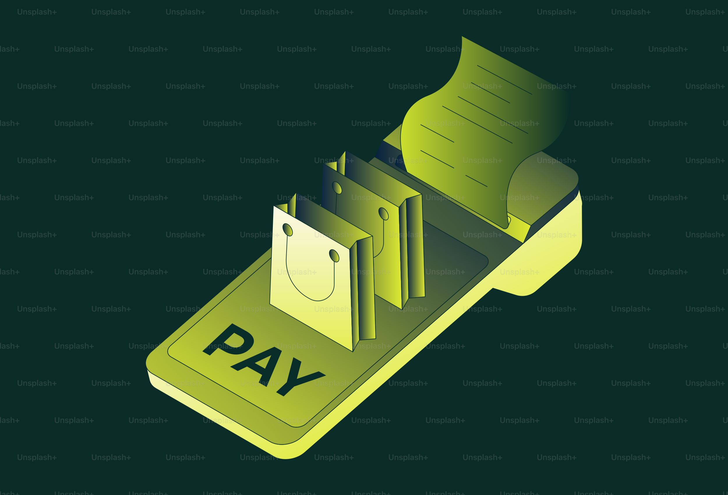 Terminal de paiement avec sacs de courses et reçu
