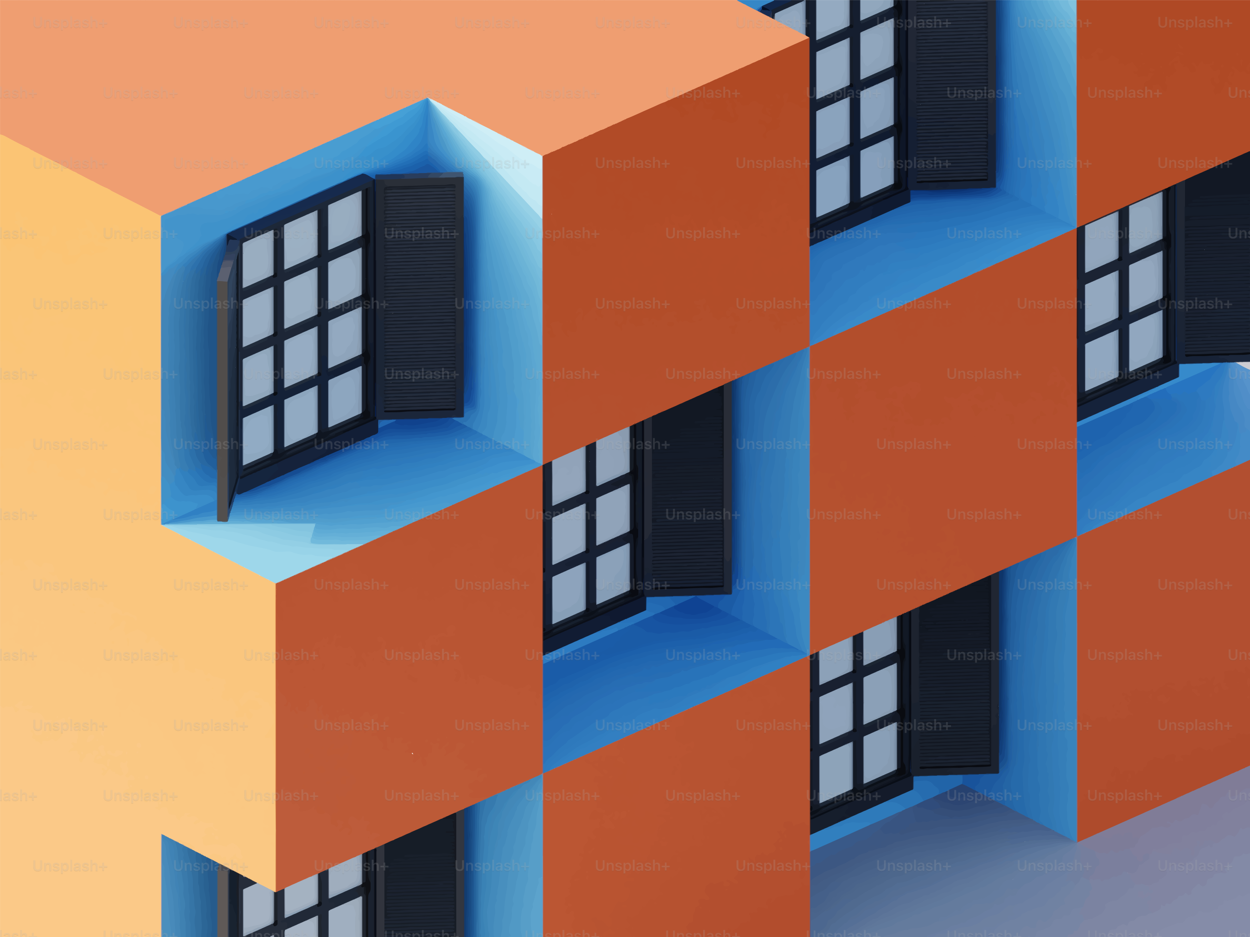 開いた窓と青い内装を持つ抽象的な立方体