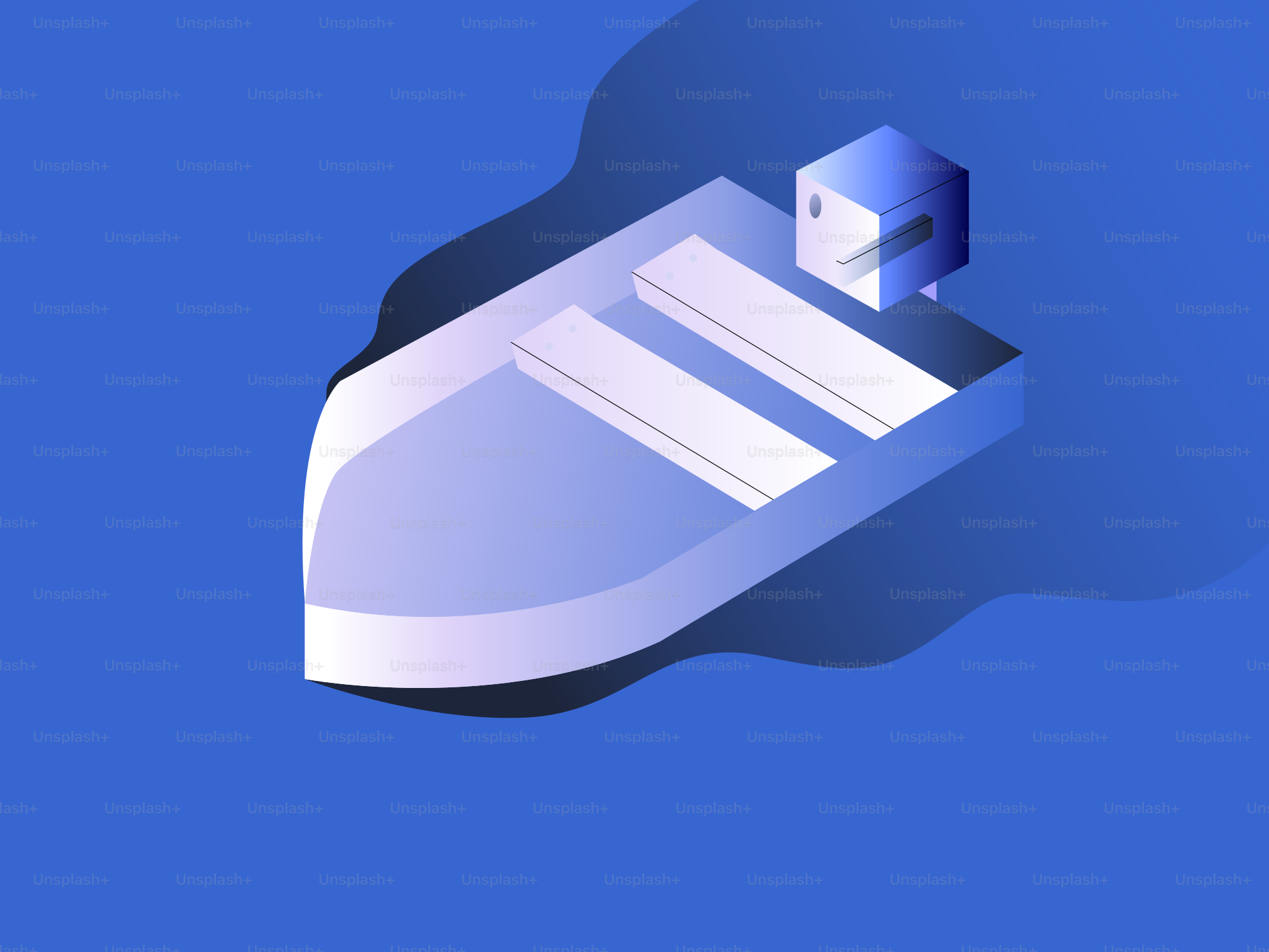 Un barco estilizado sobre fondo azul.