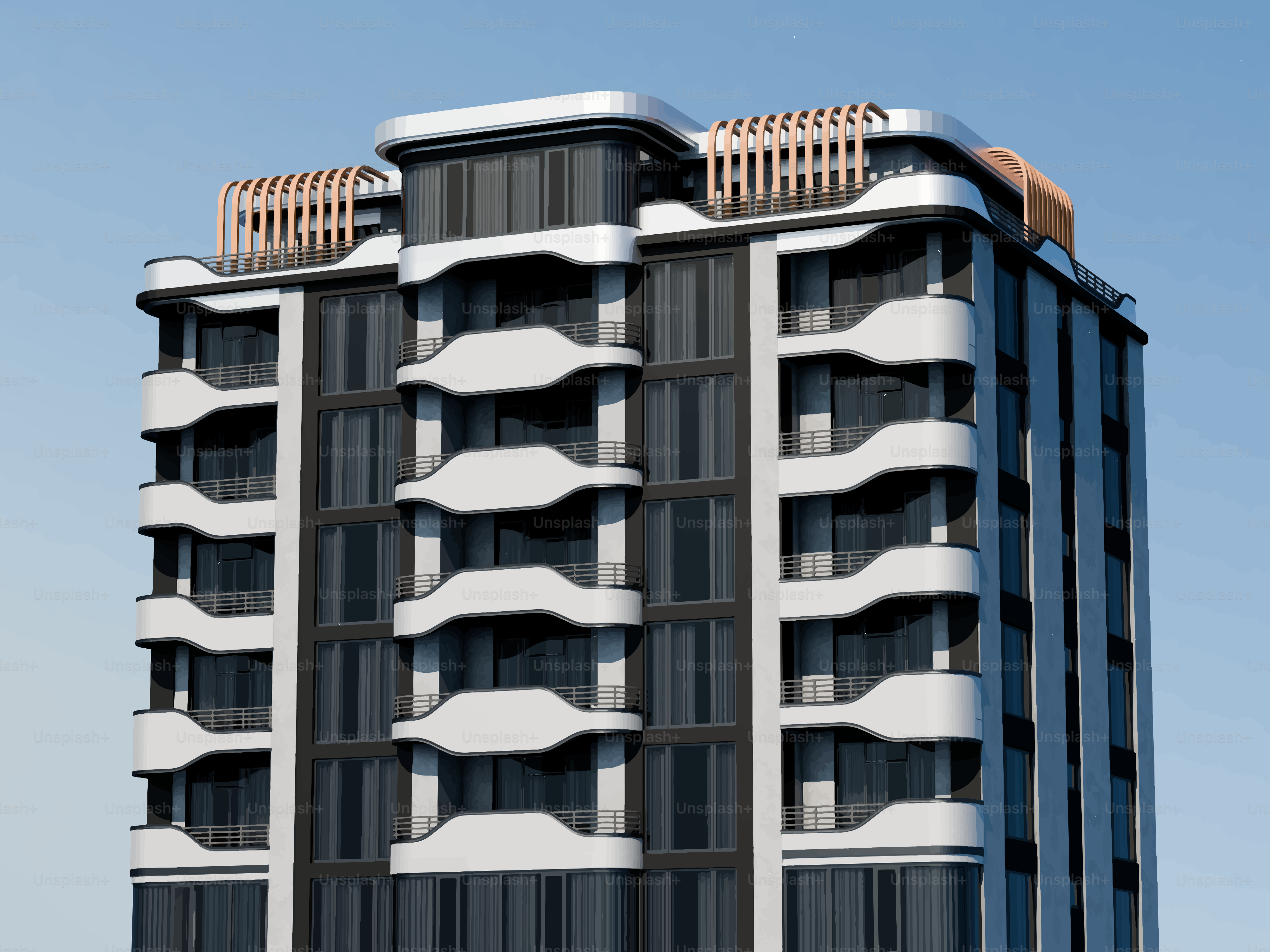 Modern apartment building with balconies against blue sky