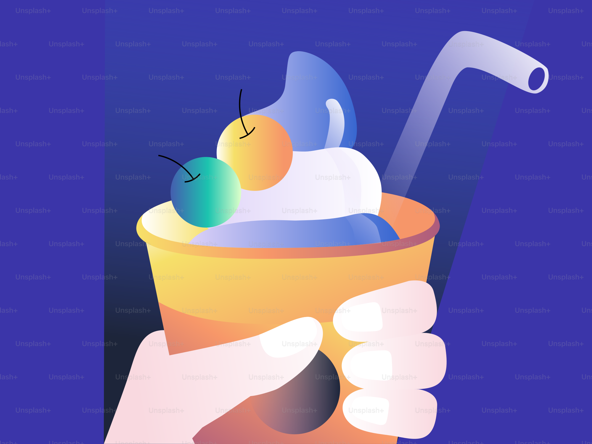 さくらんぼ入りのカラフルなアイスクリームサンデーを手に。