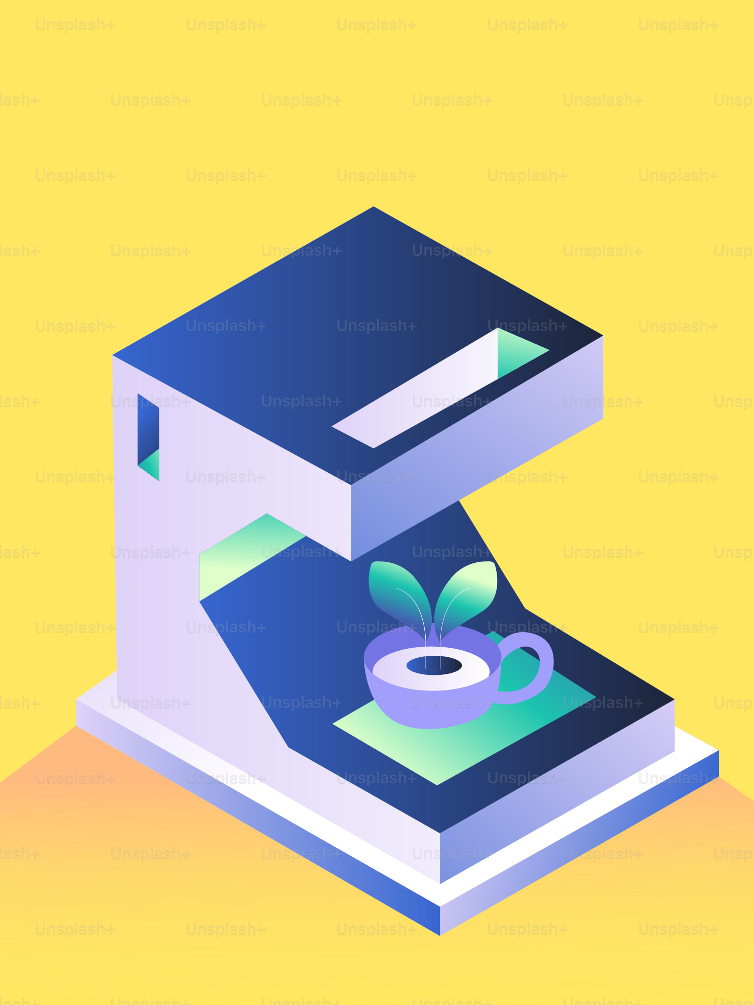 Minimalist coffee maker with a cup and plant.