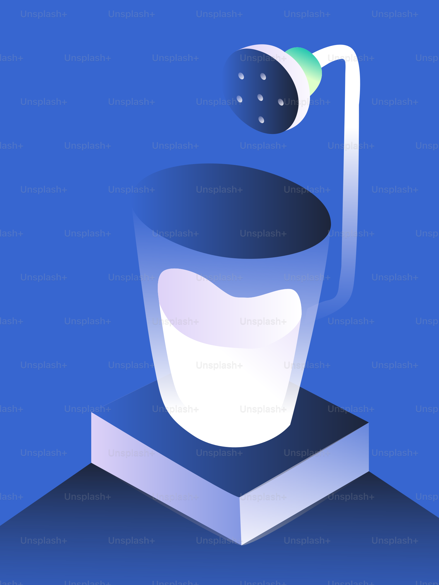 A transparent mug filled with milk and a showerhead.