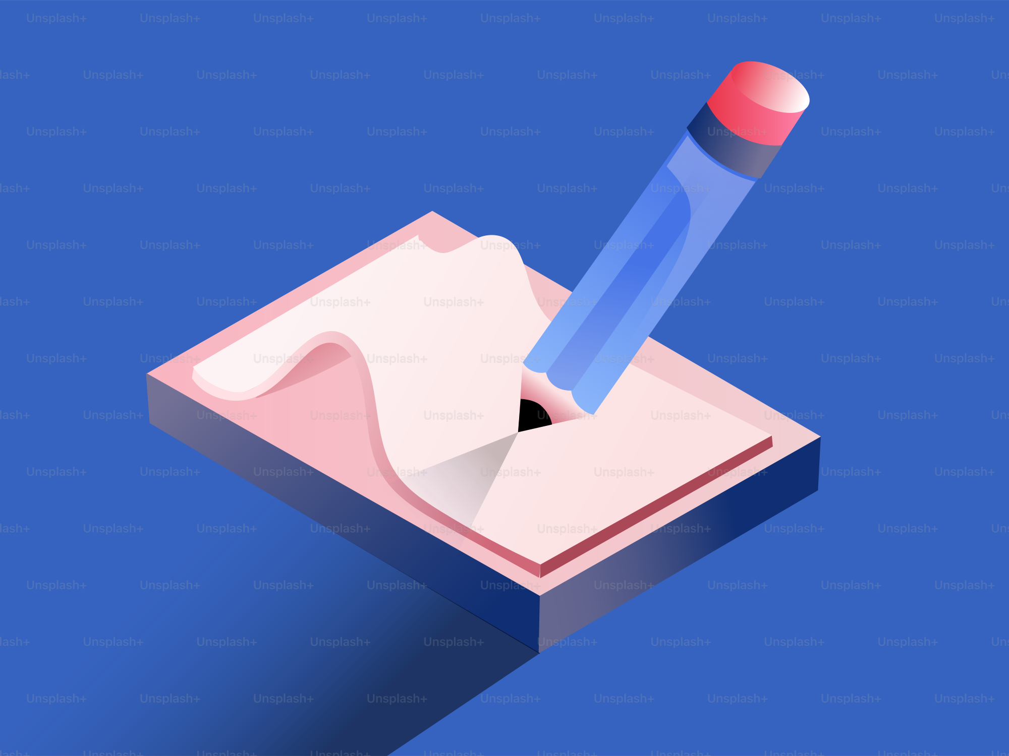 Blue pencil writing on a pink notepad.