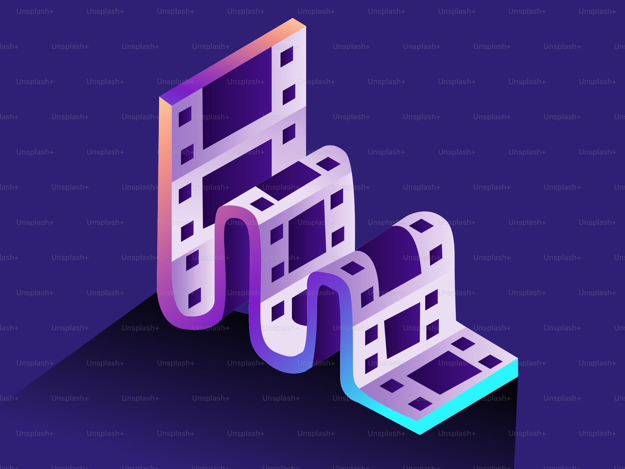 A film strip winding across a dark background.