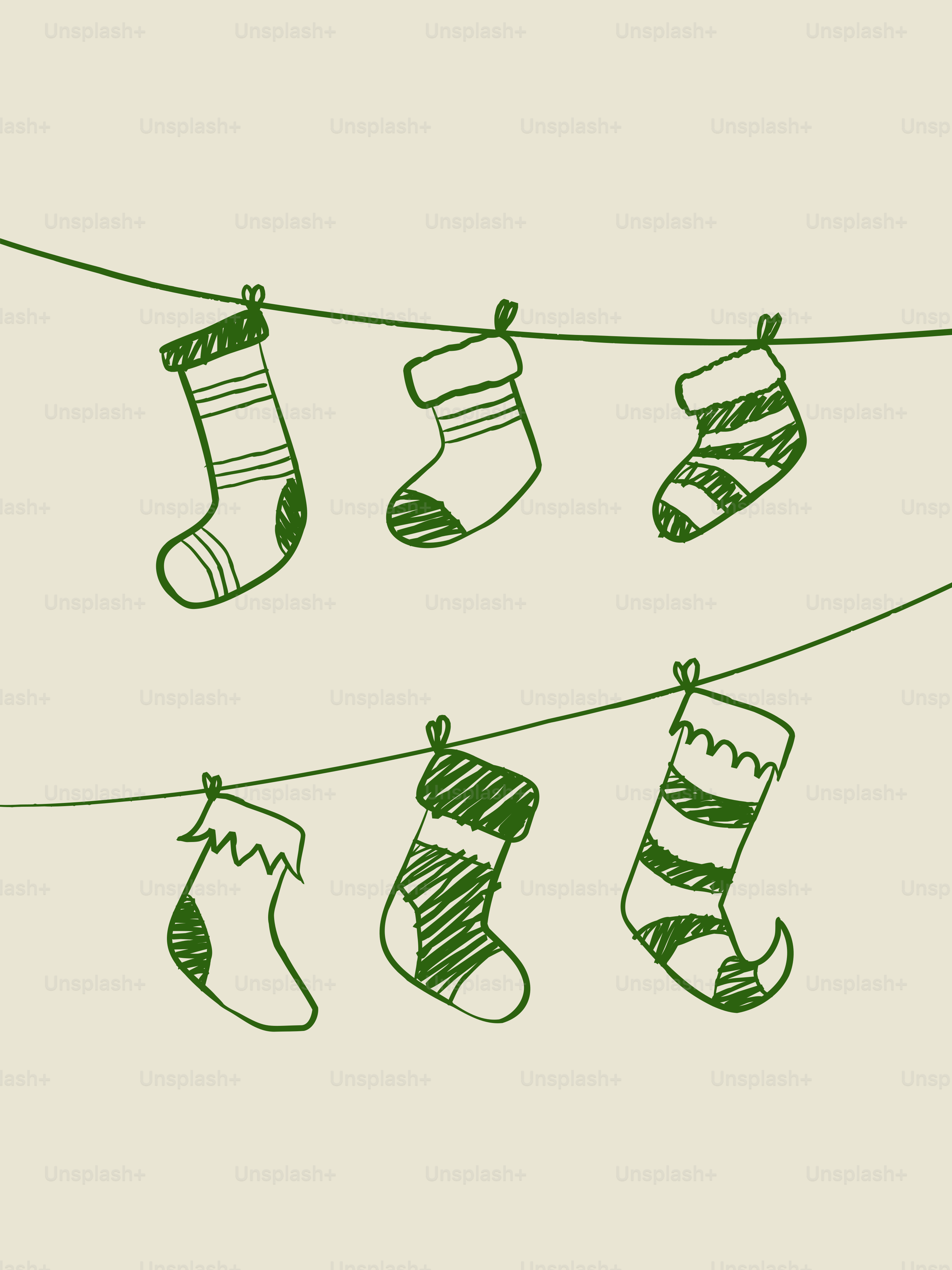 Six christmas stockings hanging on a line