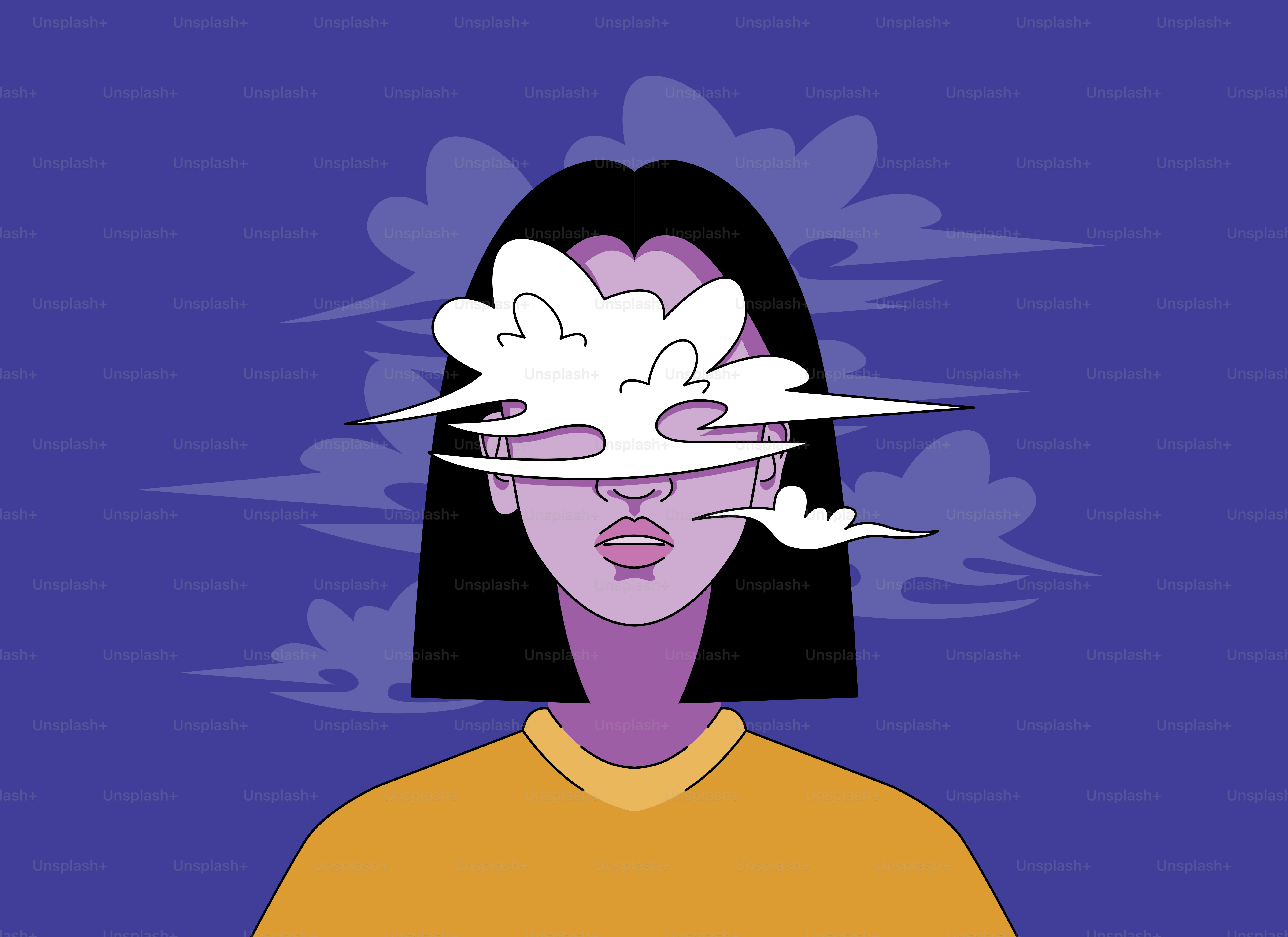 Woman with clouds obscuring her eyes