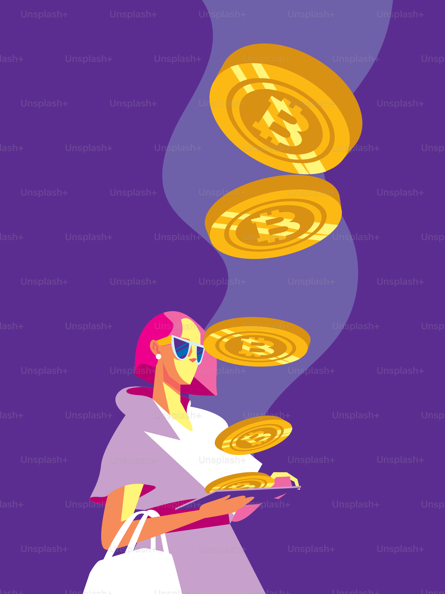 女性がタブレットを持ち、ビットコインが落ちている