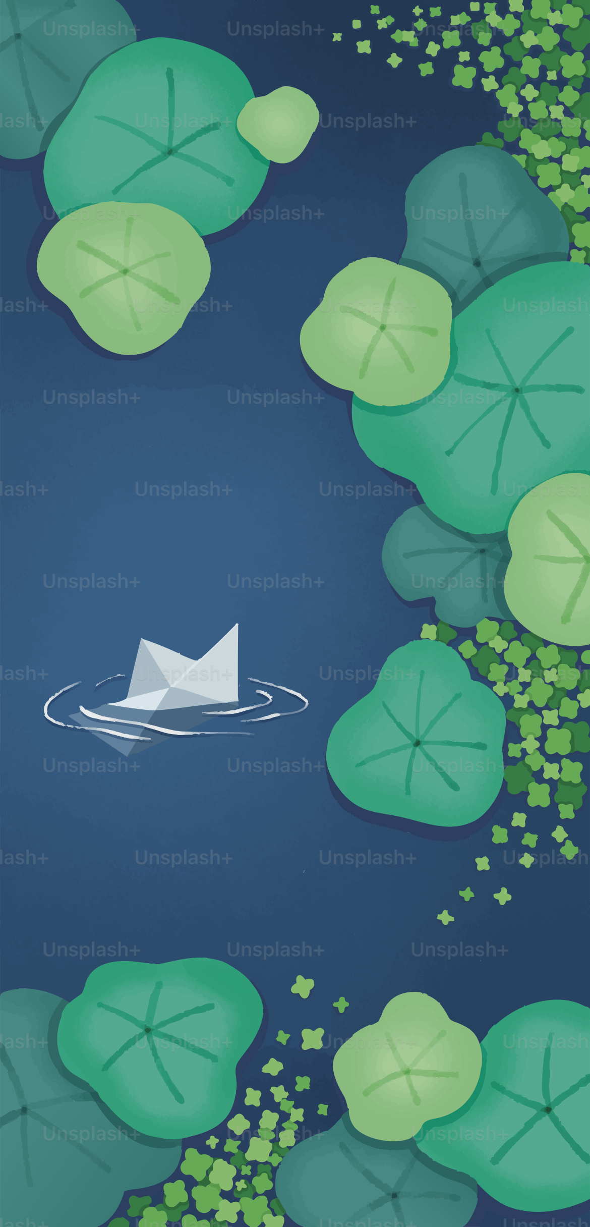 A paper boat floats on dark water near lily pads.