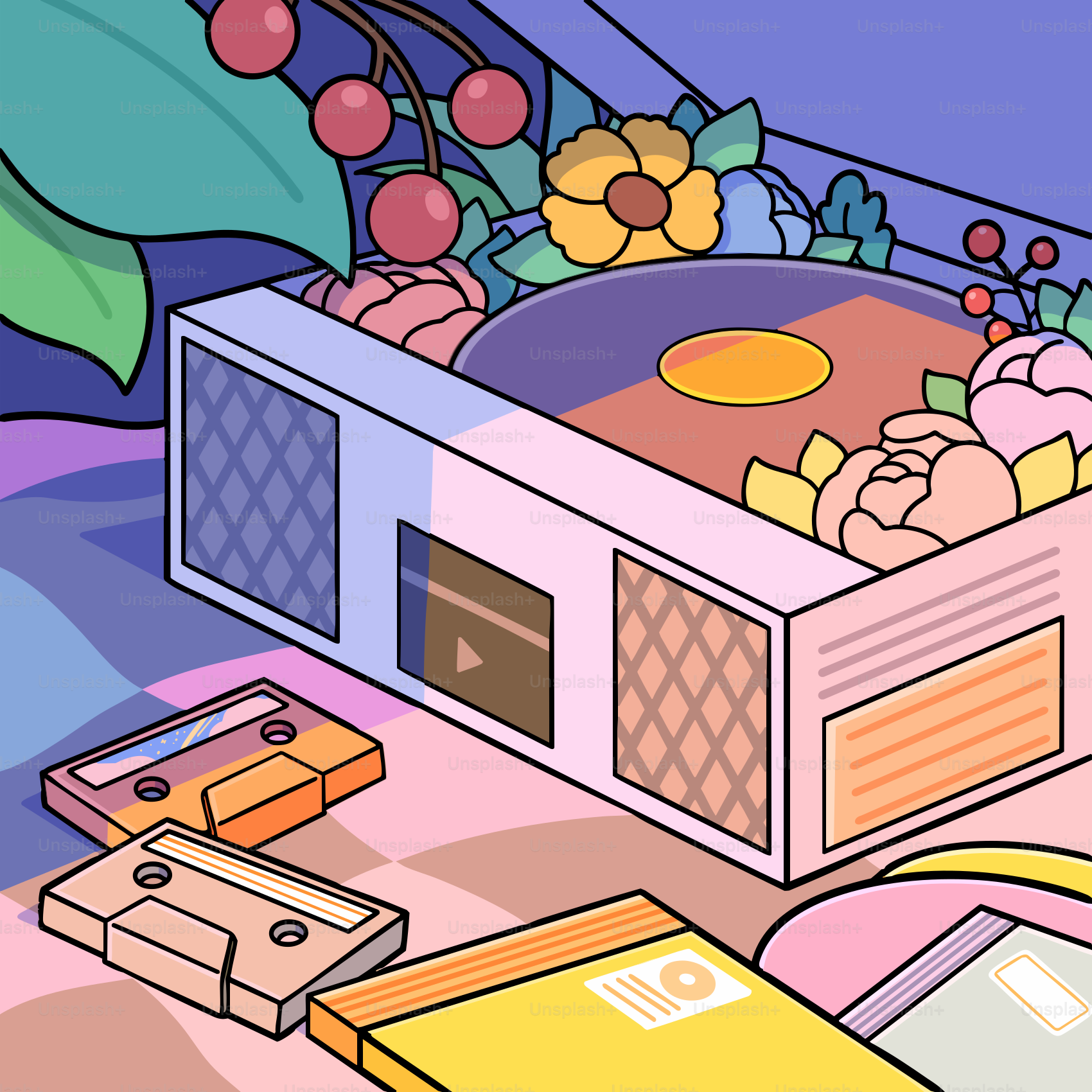 Retro record player with cassette tapes and flowers